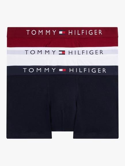 Tommy Hilfiger Original Logo Waistband Stretch Cotton Trunks, Pack of 3, Desert Sky/White/Rouge