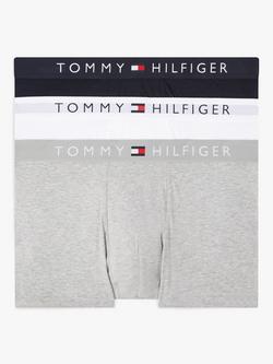 Tommy Hilfiger Original Logo Waistband Stretch Cotton Trunks, Pack of 3, Grey/White/Desert Sky