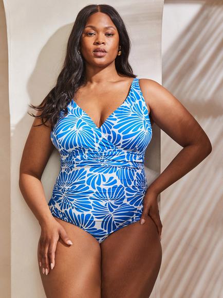 Live Unlimited Curve Floral V-Neck Swimsuit, Blue - view 2, Blue