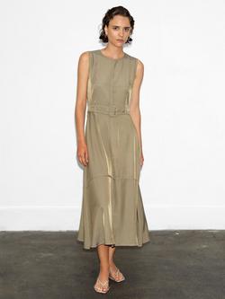 French Connection Celina Cupro Sleeveless Mixed Blend Cargo Midi Dress, Washed Khaki