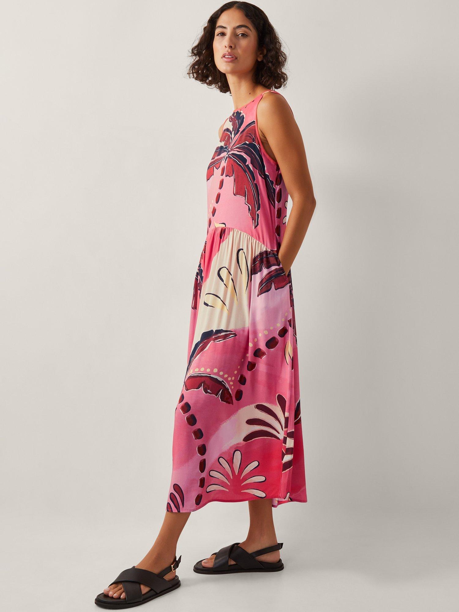 Product image 1 of 5, which shows Monsoon Alex Palm Print Midi Dress, Rust, XL