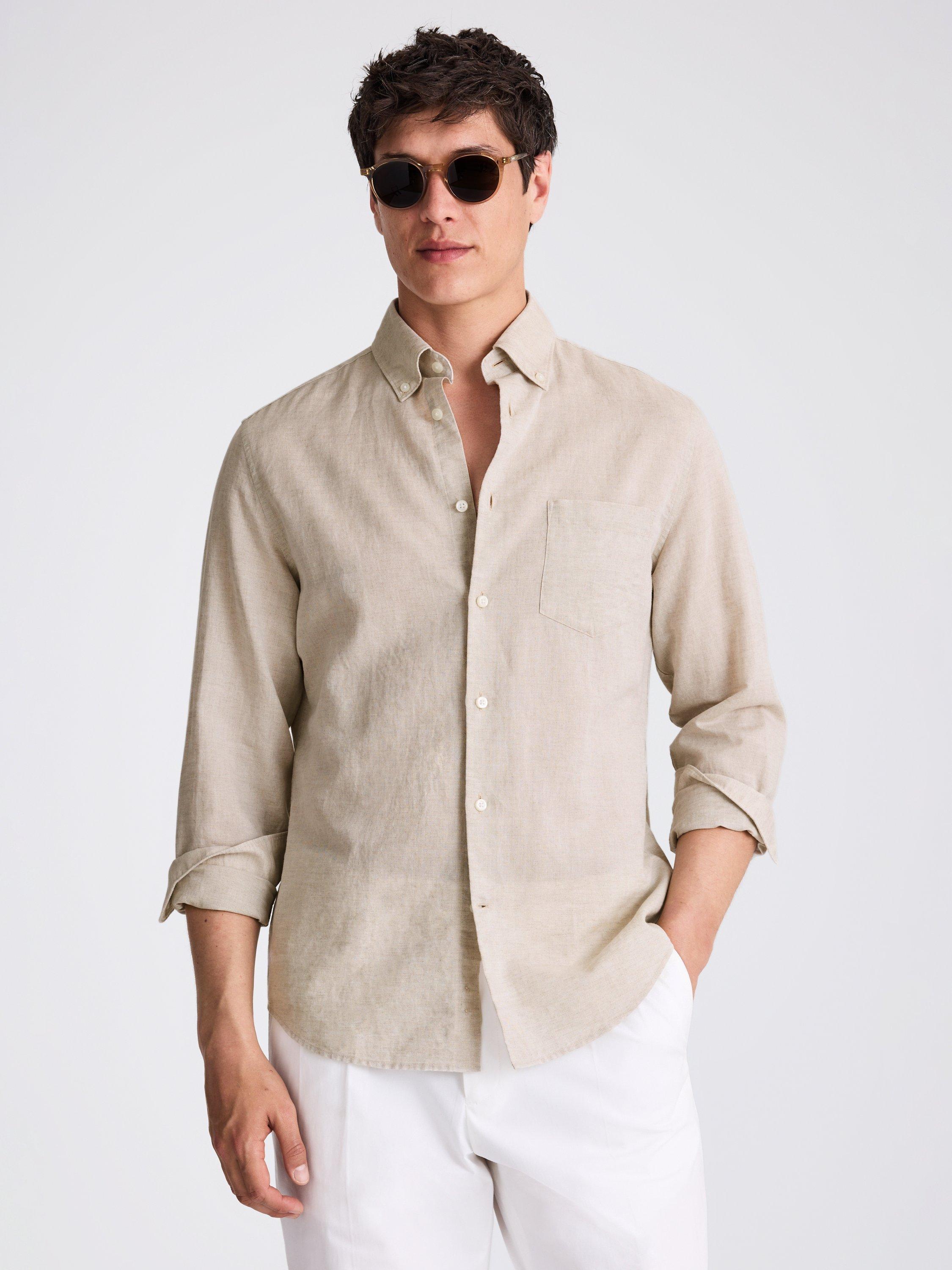 Moss Cotton Linen Blend Regular Fit Shirt, Beige