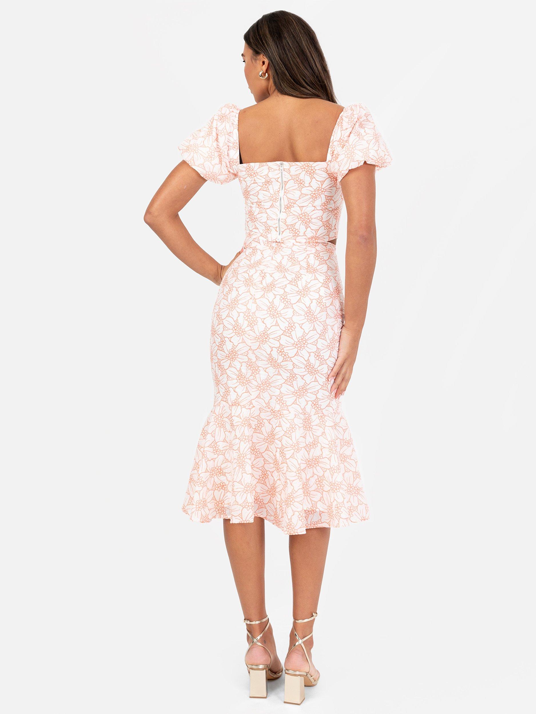 Product image 4 of 4, which shows Maya Deluxe Floral Peplum Hem Midi Skirt, Ivory/Coral, 6