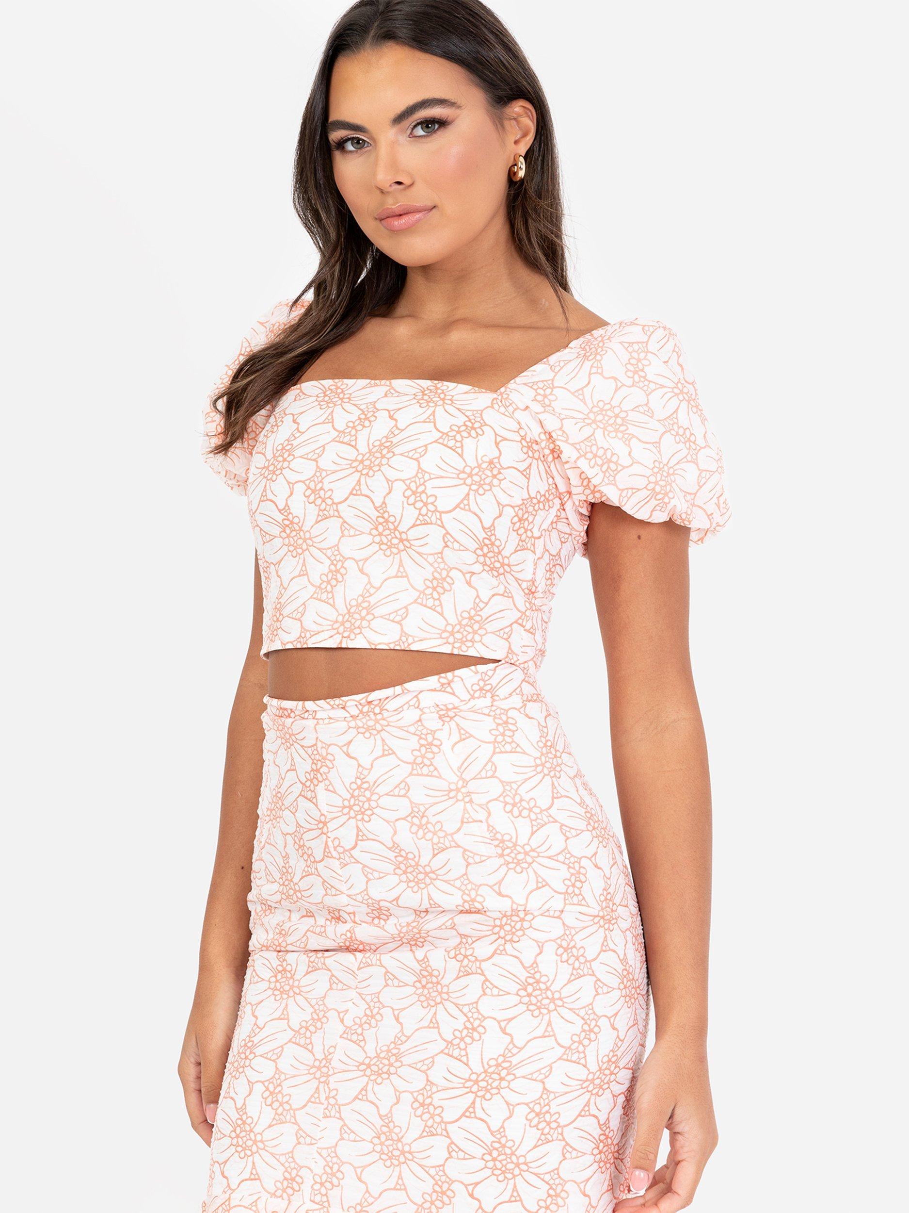 Product image 1 of 4, which shows Maya Deluxe Puff Sleeve Floral Square Neck Crop Top, Ivory/Coral, 6