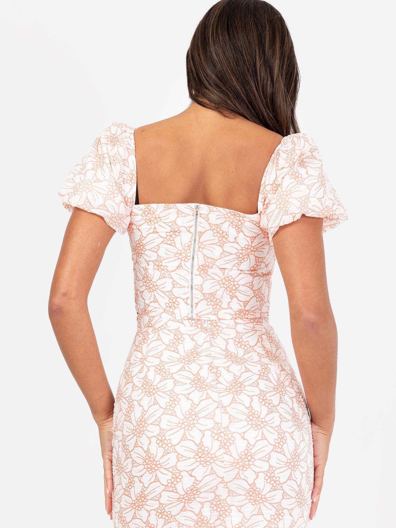 Product image 3 of 4, which shows Maya Deluxe Puff Sleeve Floral Square Neck Crop Top, Ivory/Coral, 6