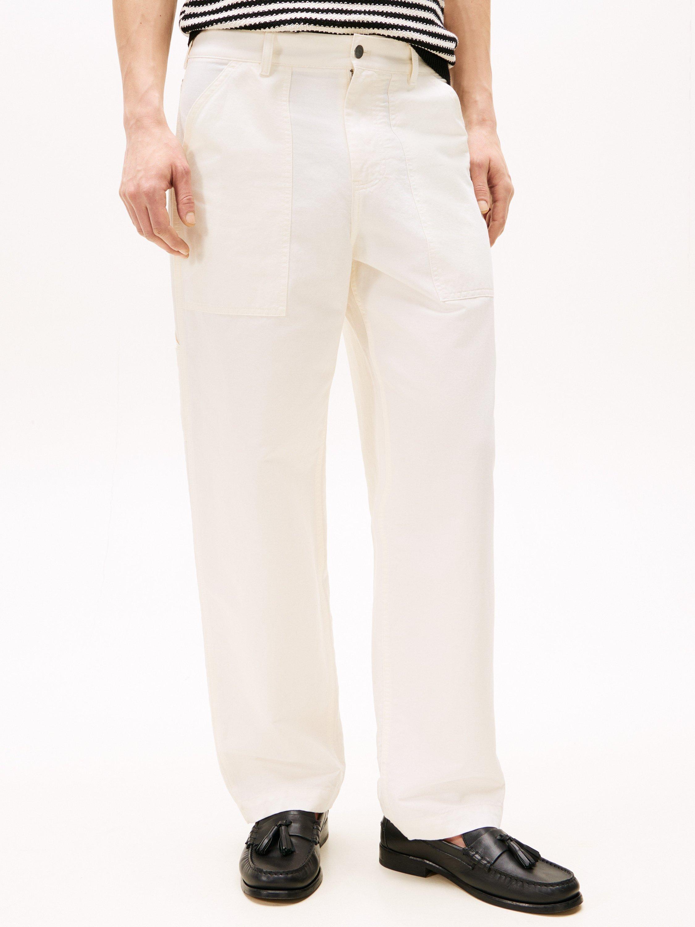 Product image 1 of 5, which shows Tommy Hilfiger Linen Cotton Blend Carpenter Trousers, Ivory Silk, 34R