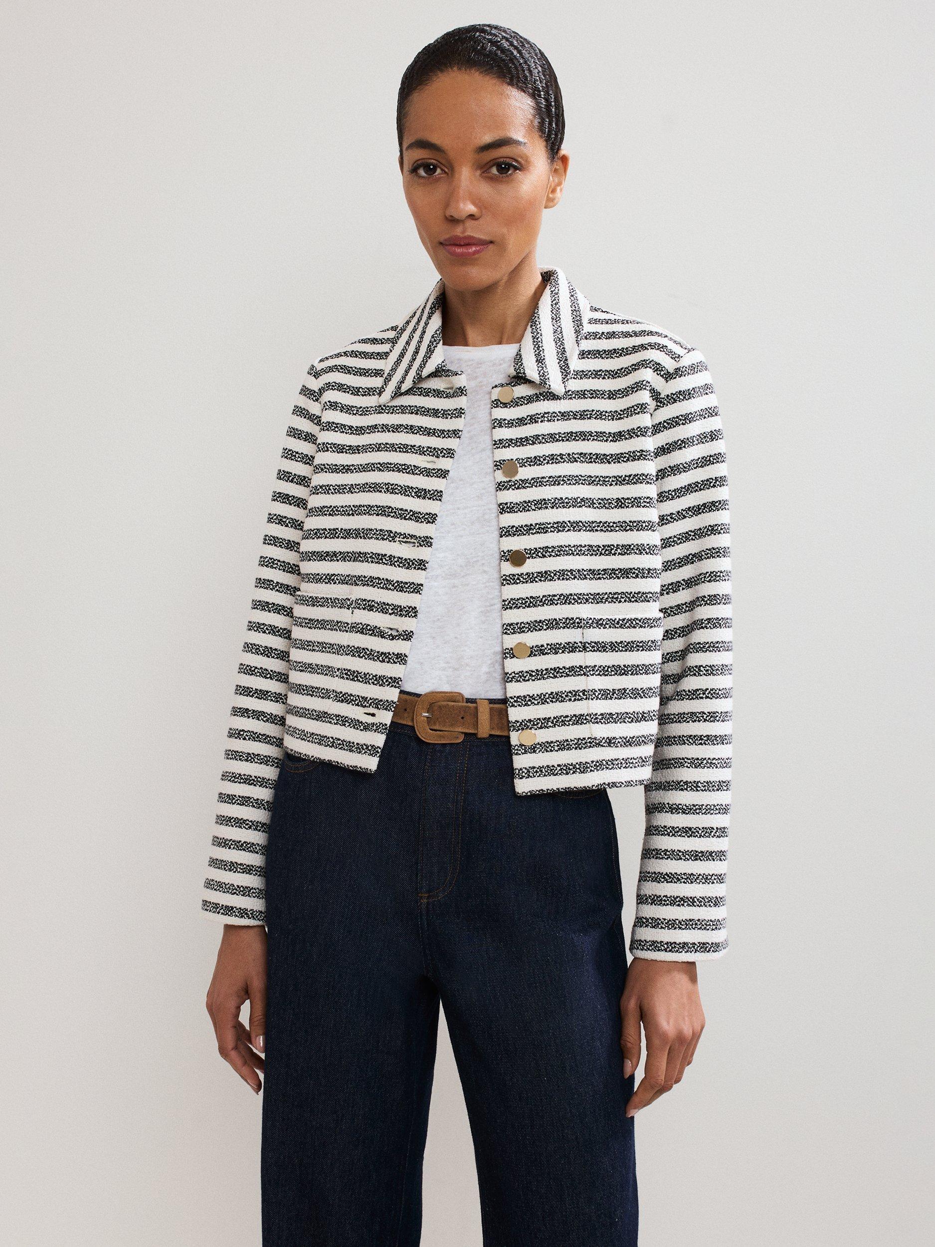 Product image 1 of 9, which shows Phase Eight Neave Boucle Long Sleeved Striped Jacket, Navy/Ivory, 8