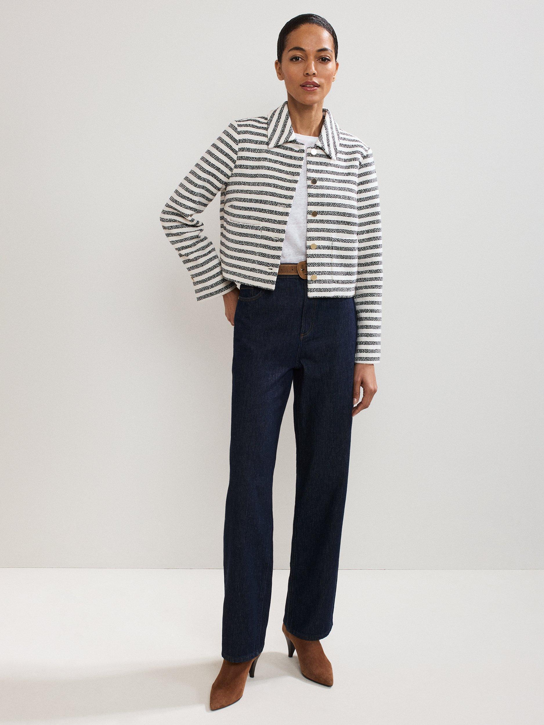 Product image 3 of 9, which shows Phase Eight Neave Boucle Long Sleeved Striped Jacket, Navy/Ivory, 8