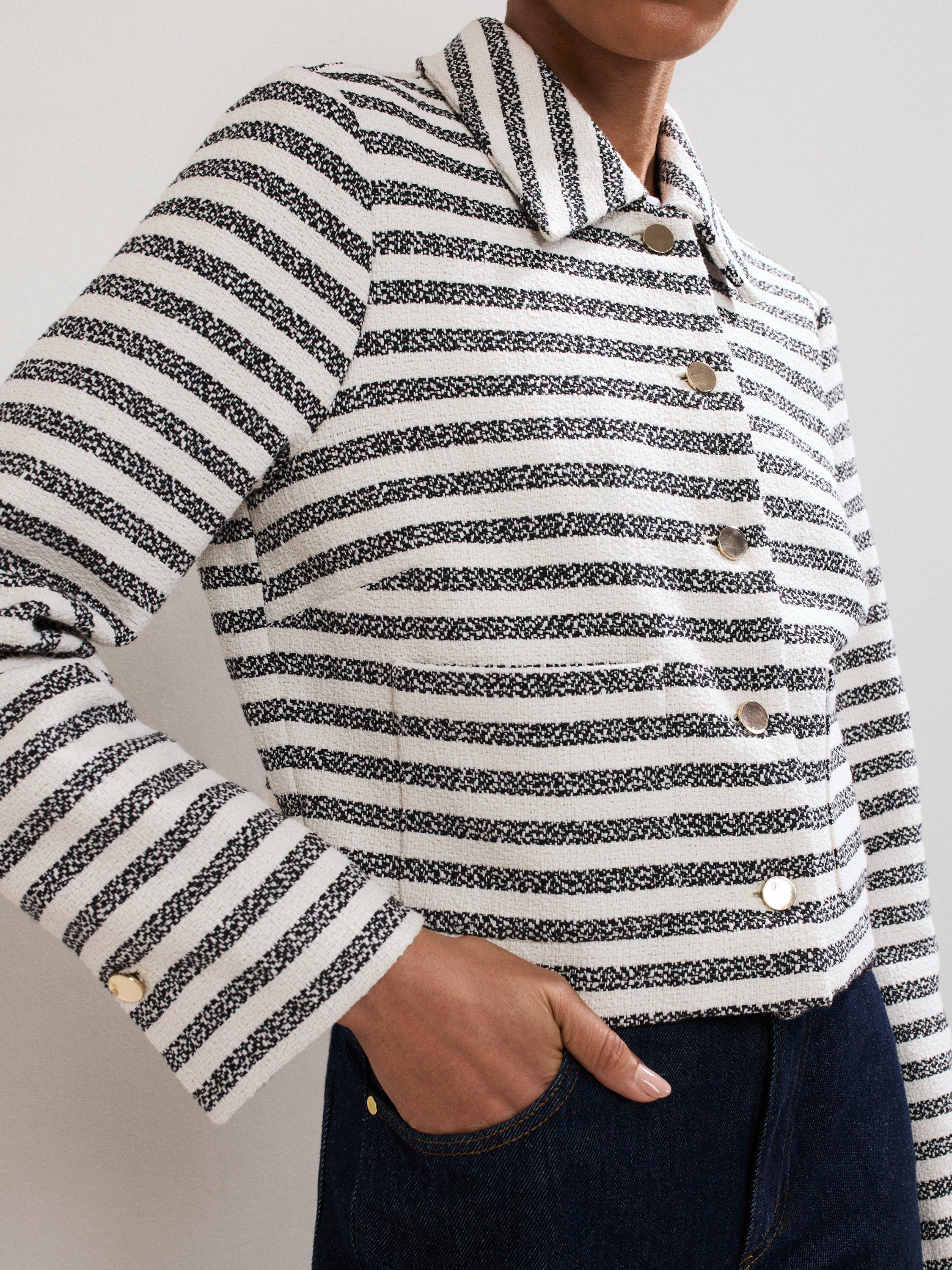 Product image 4 of 9, which shows Phase Eight Neave Boucle Long Sleeved Striped Jacket, Navy/Ivory, 8