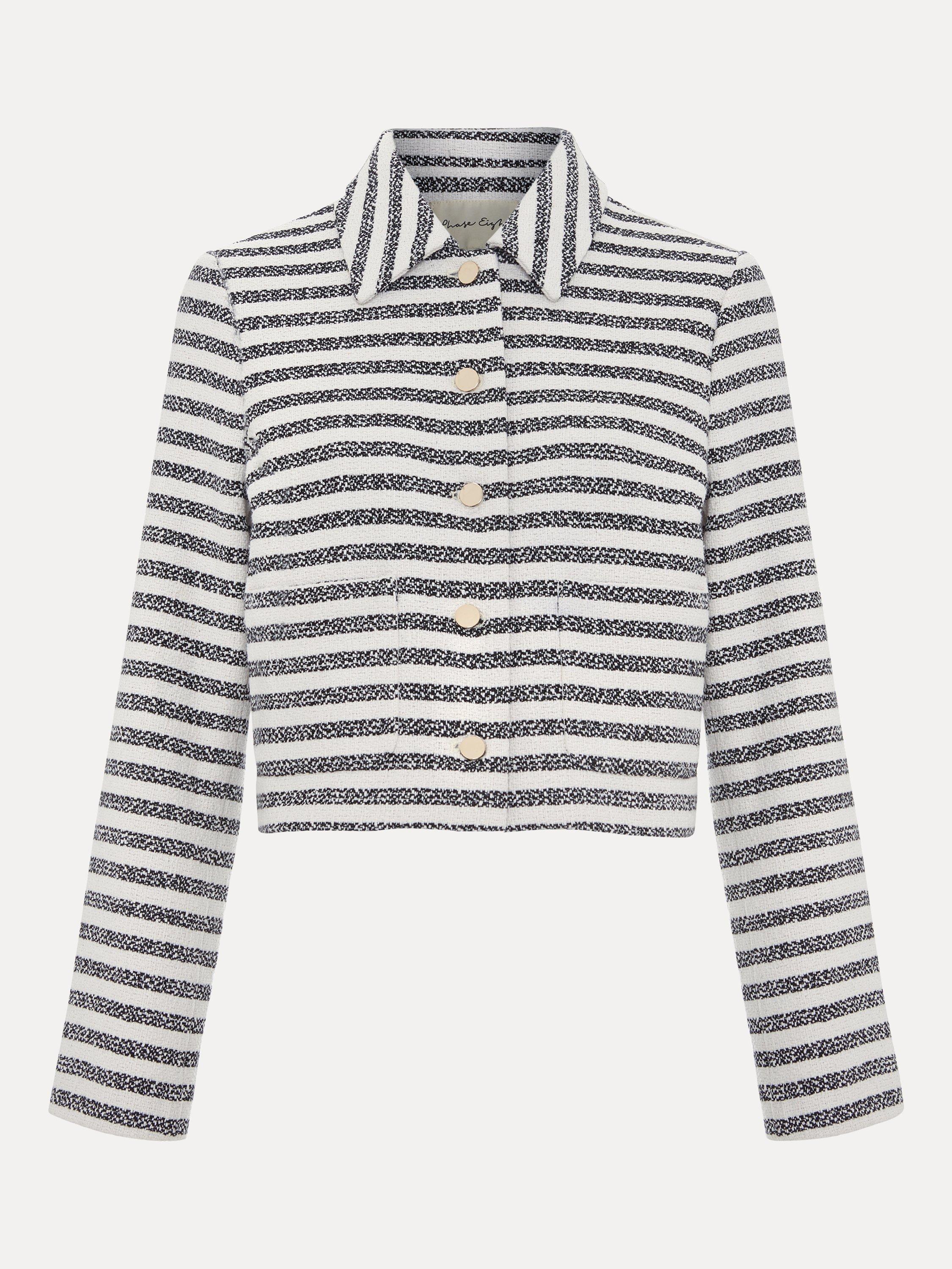 Product image 5 of 9, which shows Phase Eight Neave Boucle Long Sleeved Striped Jacket, Navy/Ivory, 8