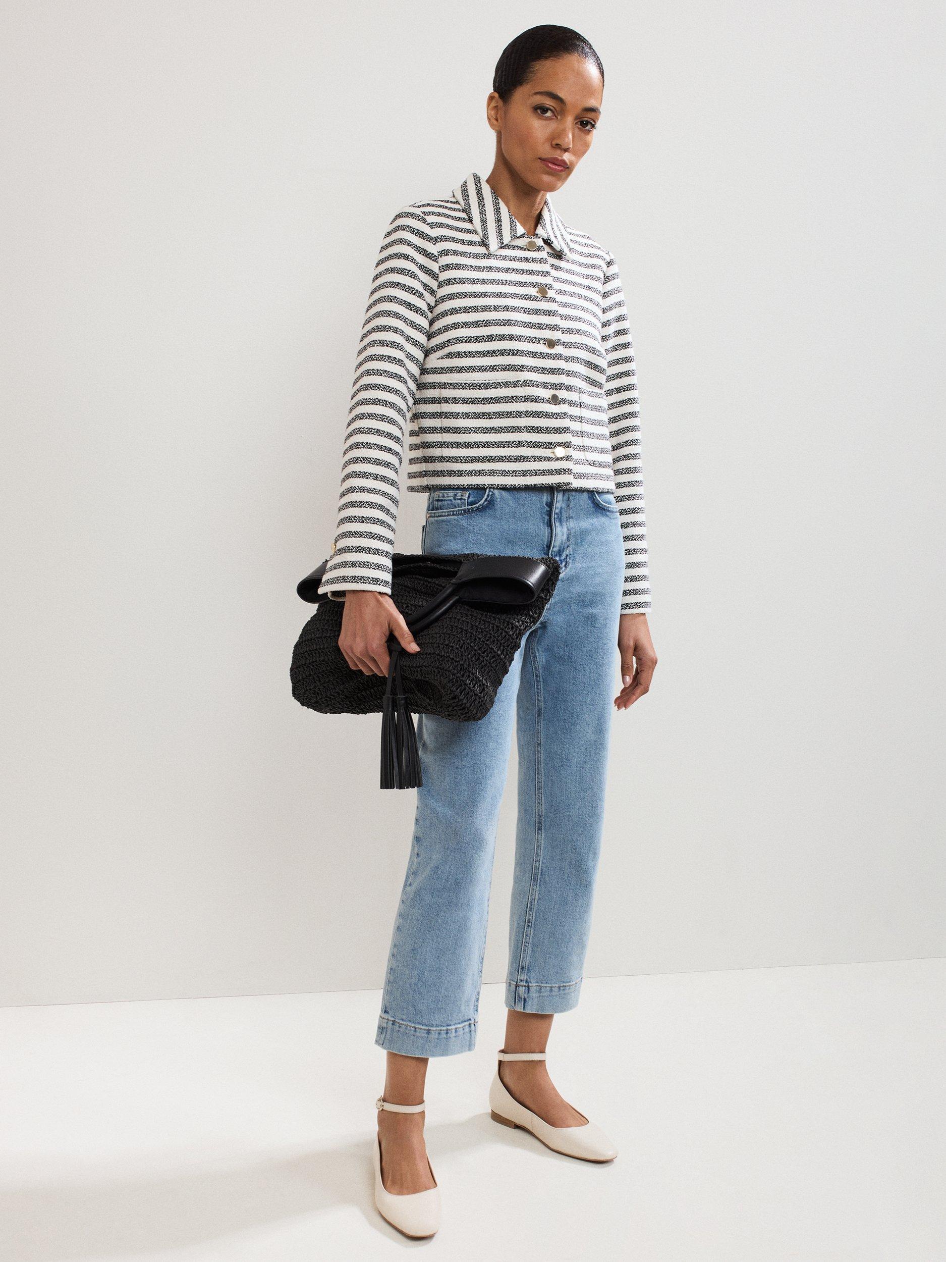 Product image 9 of 9, which shows Phase Eight Neave Boucle Long Sleeved Striped Jacket, Navy/Ivory, 8