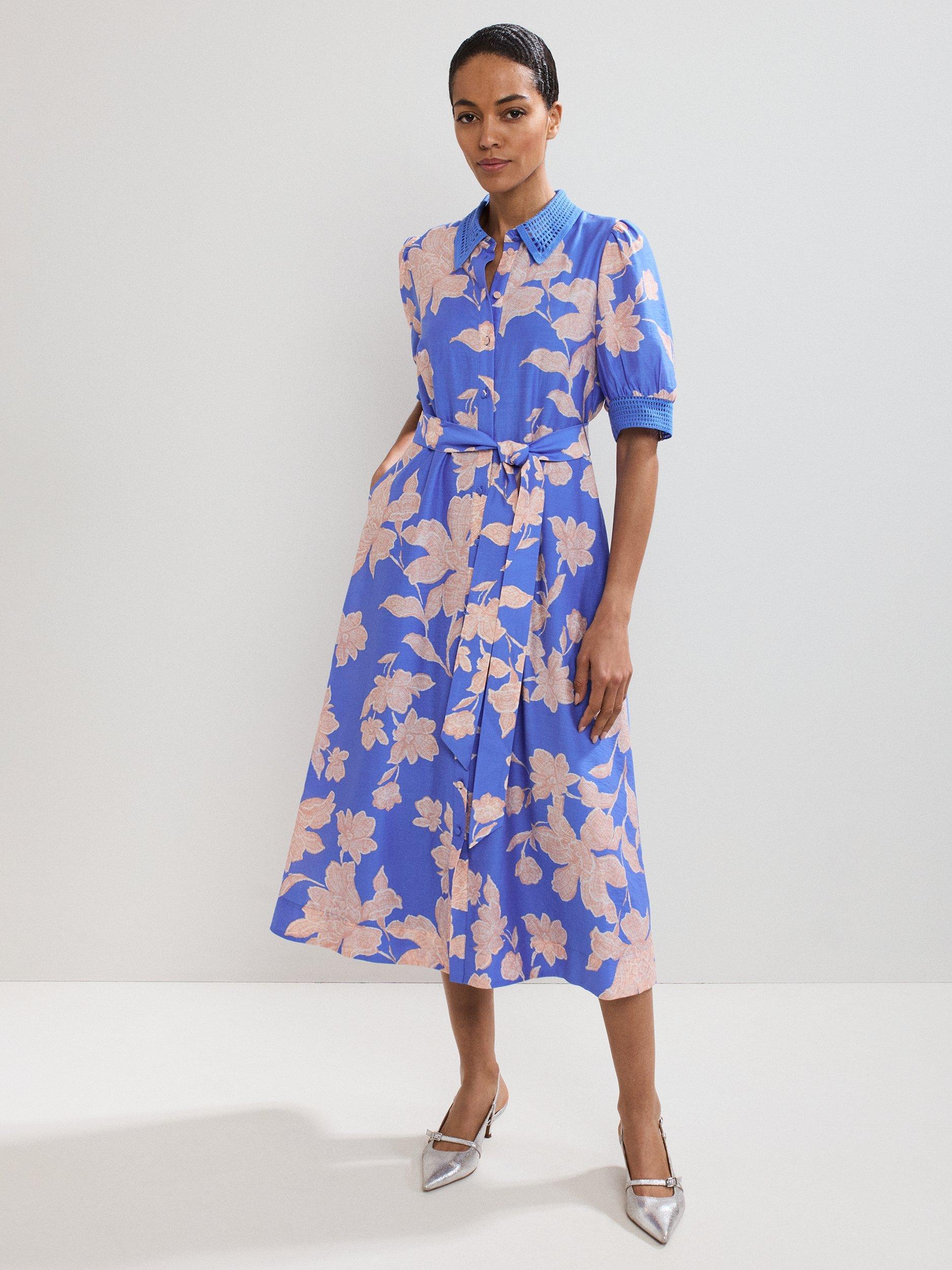 Product image 1 of 10, which shows Phase Eight Delphine Floral Shirt Dress, Blue/Pink, 8