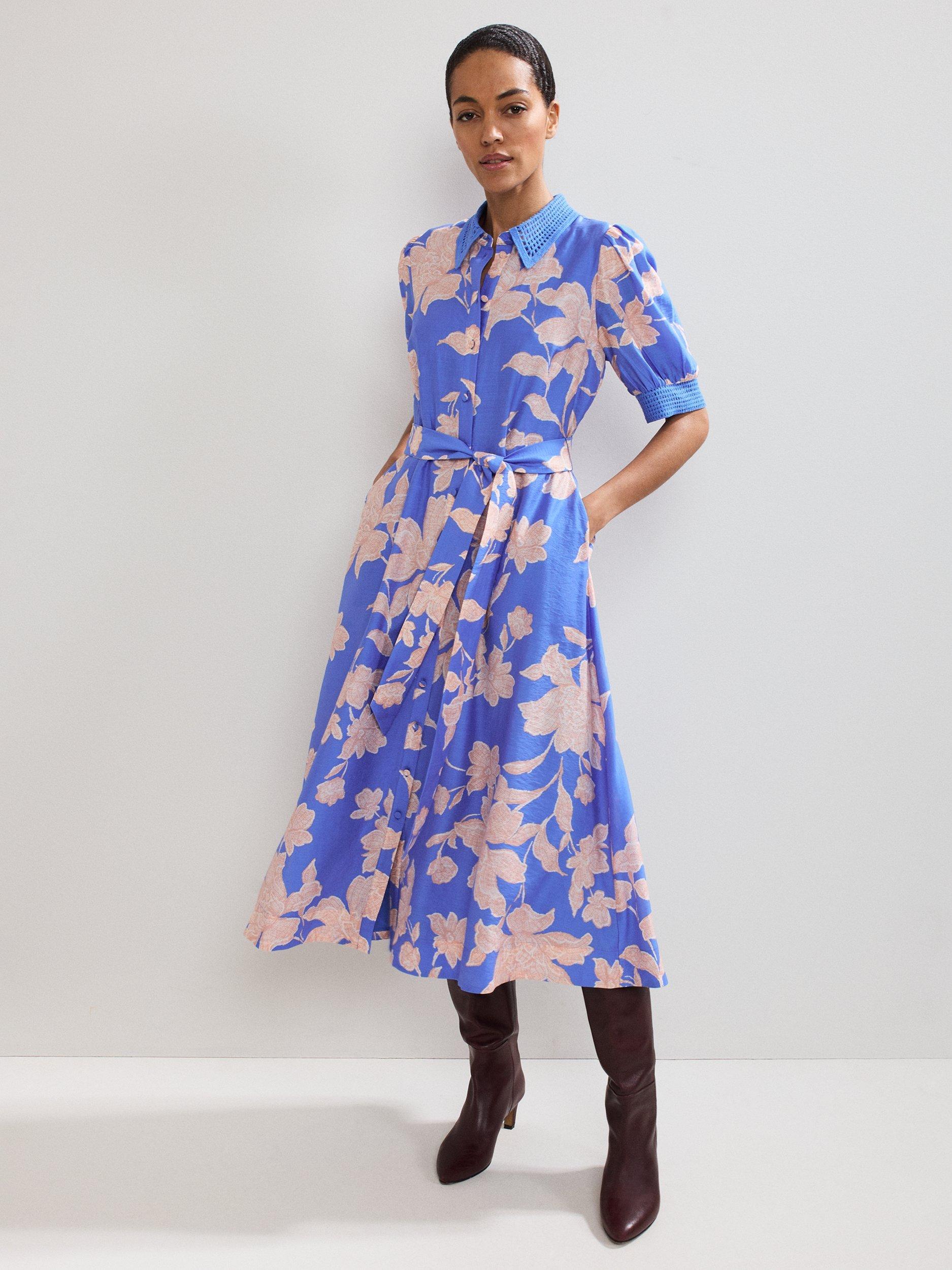 Product image 10 of 10, which shows Phase Eight Delphine Floral Shirt Dress, Blue/Pink, 8