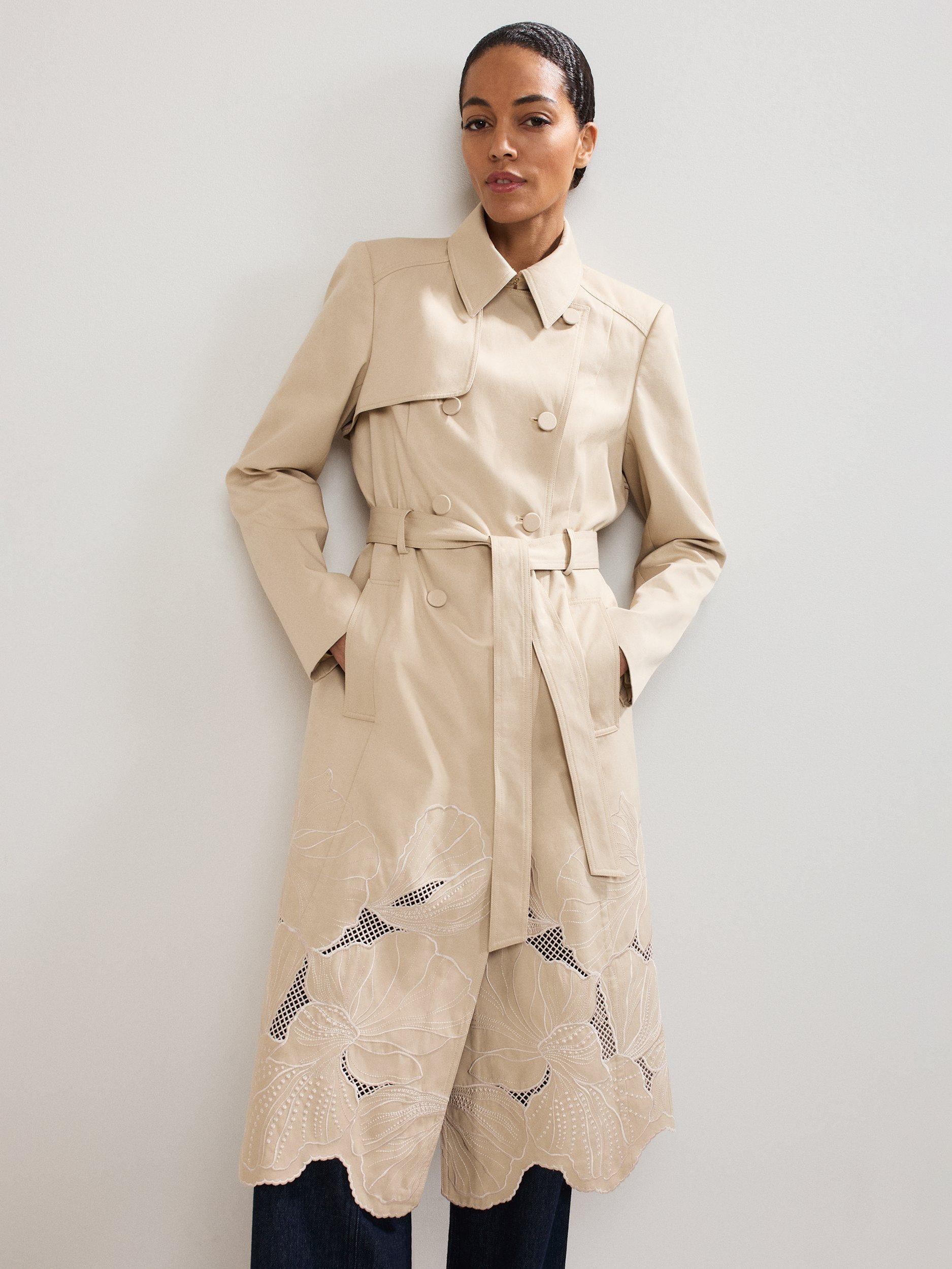 Product image 1 of 10, which shows Phase Eight Elm Cotton Blend Cutwork Trench Coat, Stone, 10