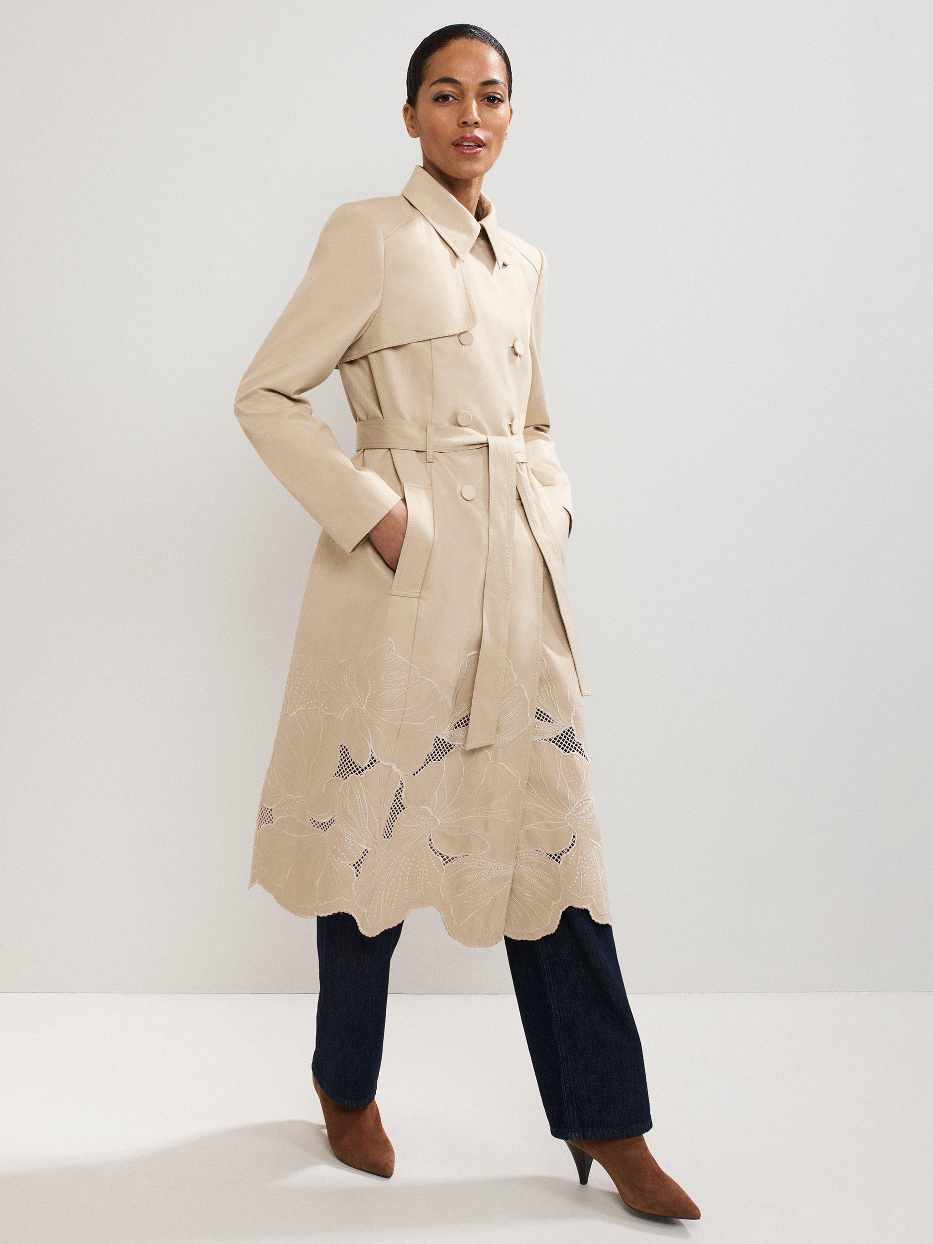 Product image 3 of 10, which shows Phase Eight Elm Cotton Blend Cutwork Trench Coat, Stone, 10