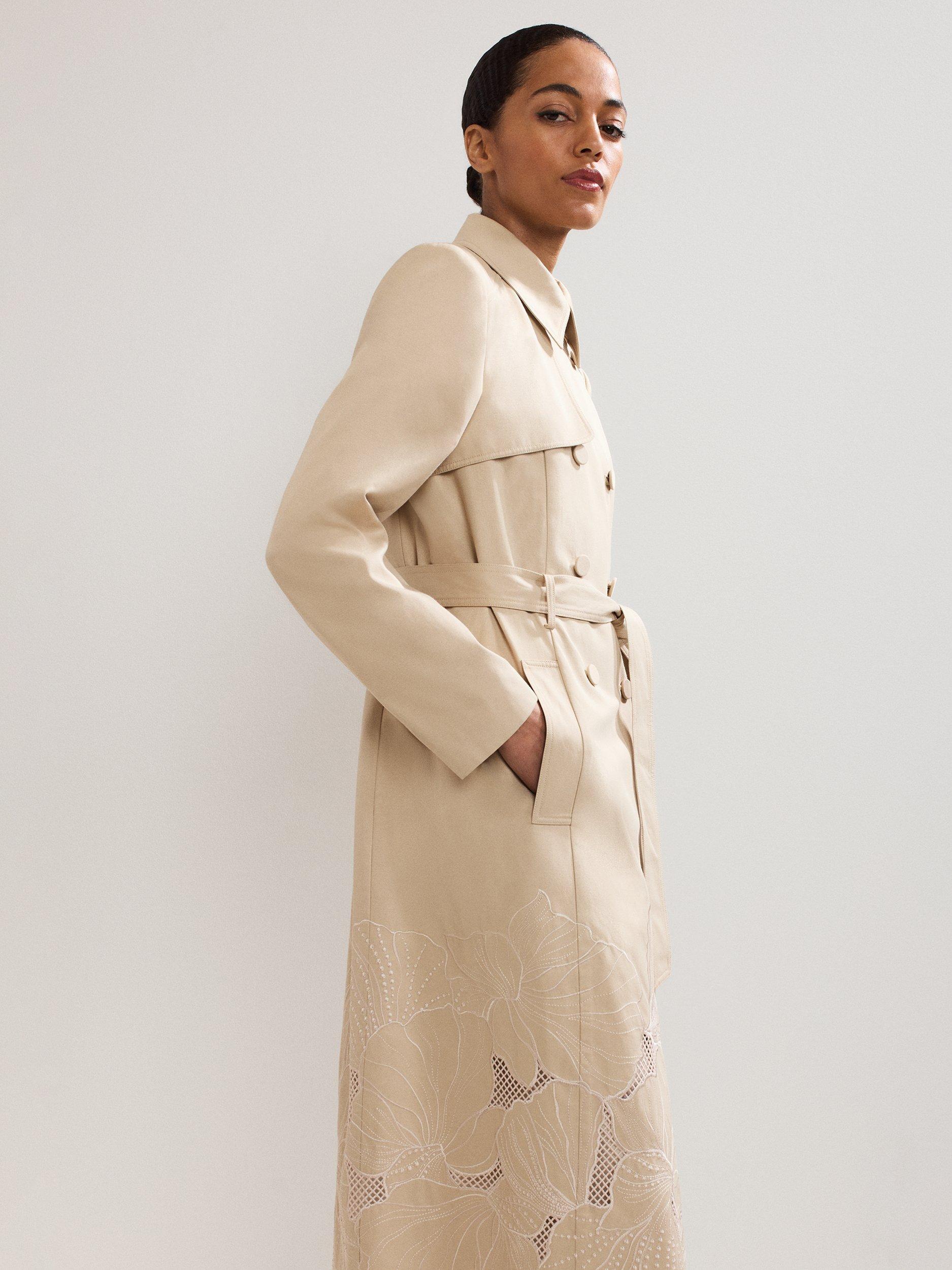 Product image 8 of 10, which shows Phase Eight Elm Cotton Blend Cutwork Trench Coat, Stone, 10