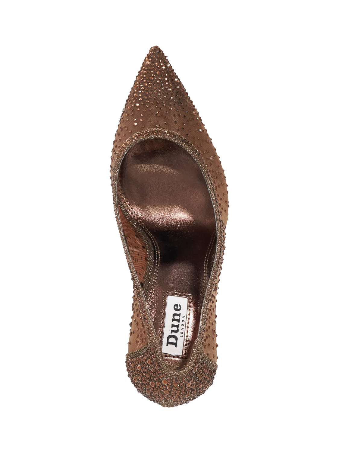 Product image 2 of 5, which shows Dune London Brightest Crystal Embellished Mesh Pointed Heeled Courts, Dark Brown, EU36