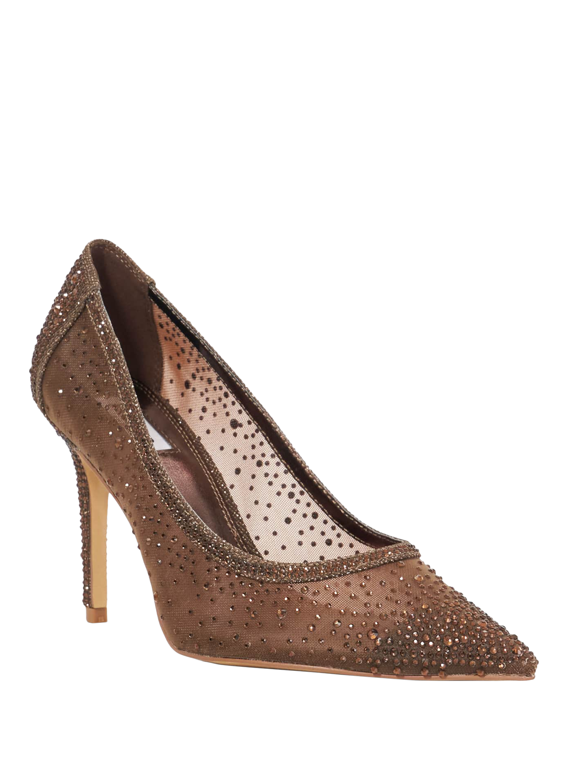 Product image 3 of 5, which shows Dune London Brightest Crystal Embellished Mesh Pointed Heeled Courts, Dark Brown, EU36