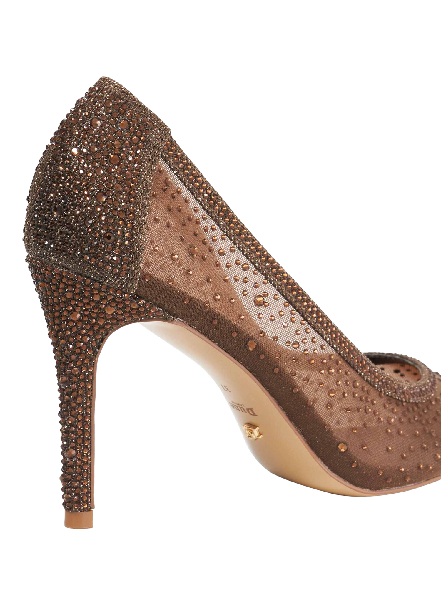 Product image 5 of 5, which shows Dune London Brightest Crystal Embellished Mesh Pointed Heeled Courts, Dark Brown, EU36