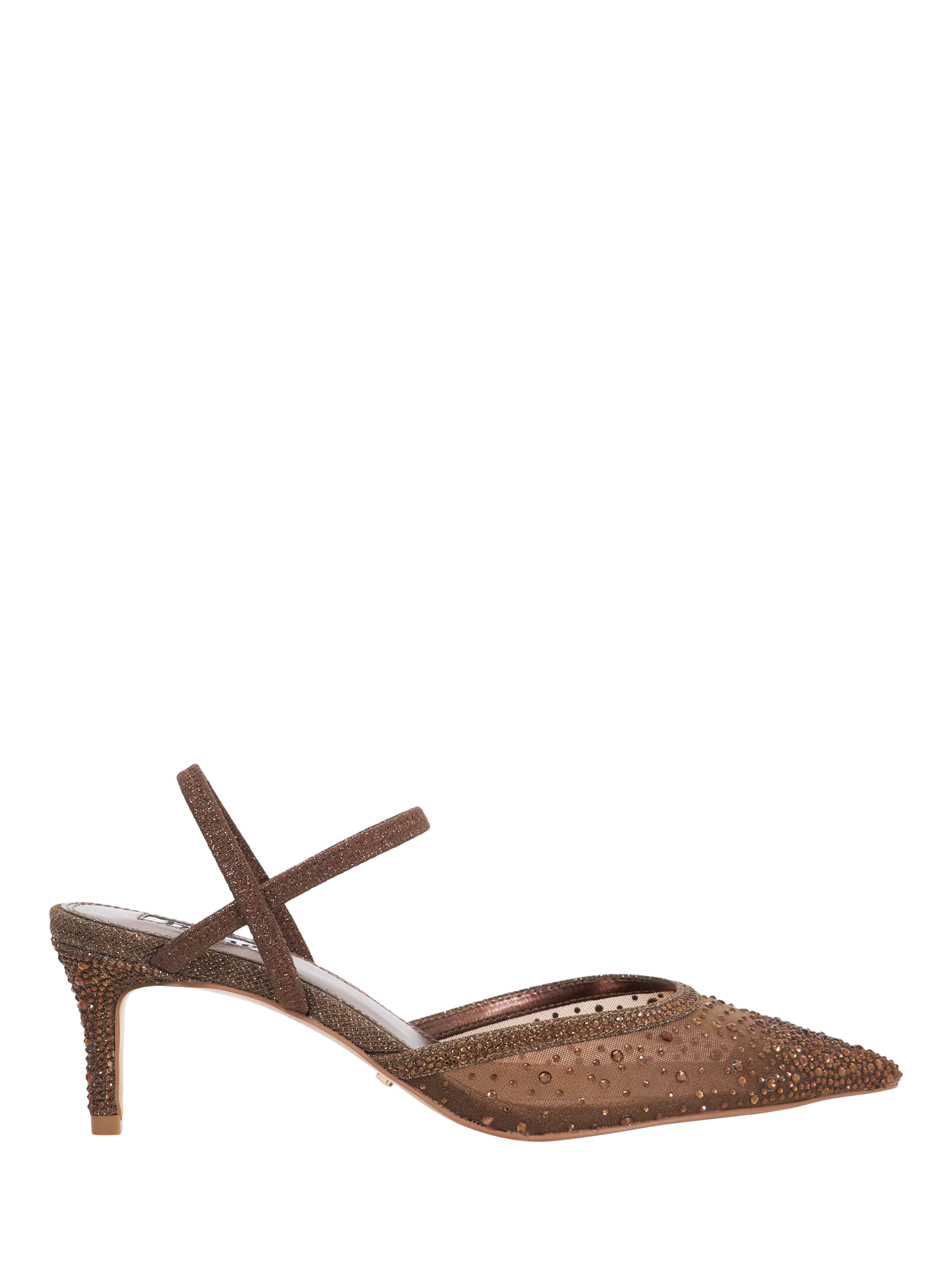 Product image 1 of 5, which shows Dune London Charismatic Crystal Embellished Mesh Pointed Heeled Courts, Brown, EU36