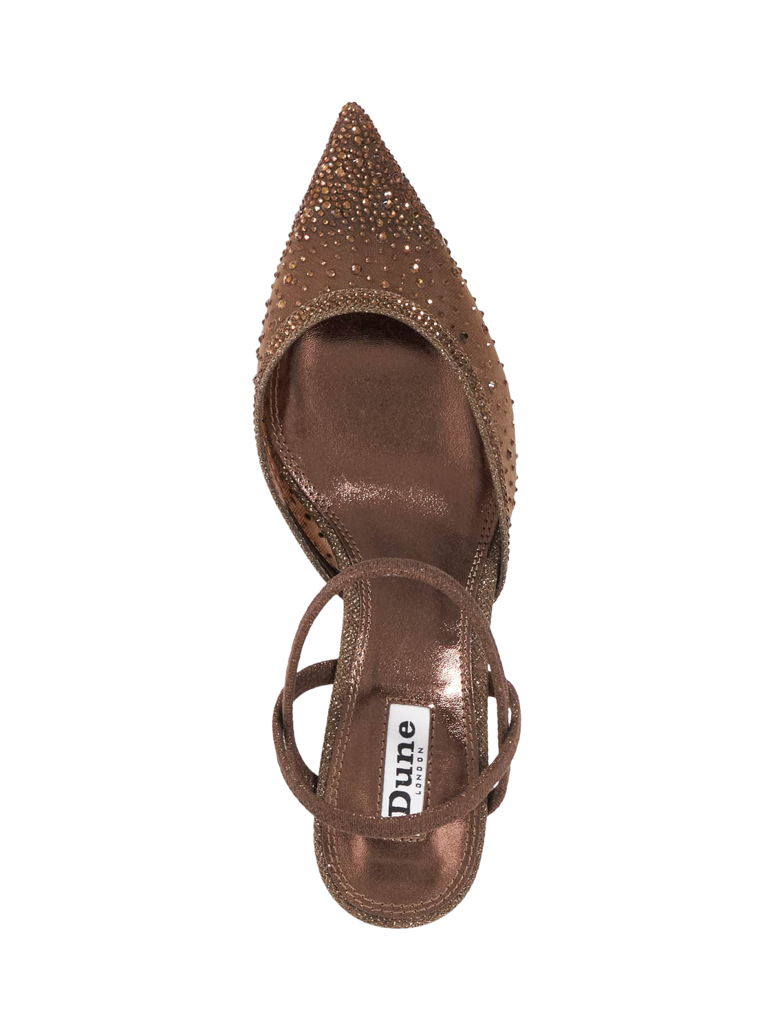 Product image 2 of 5, which shows Dune London Charismatic Crystal Embellished Mesh Pointed Heeled Courts, Brown, EU36