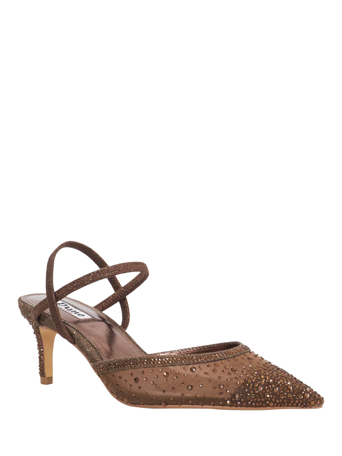 Product image 3 of 5, which shows Dune London Charismatic Crystal Embellished Mesh Pointed Heeled Courts, Brown, EU36