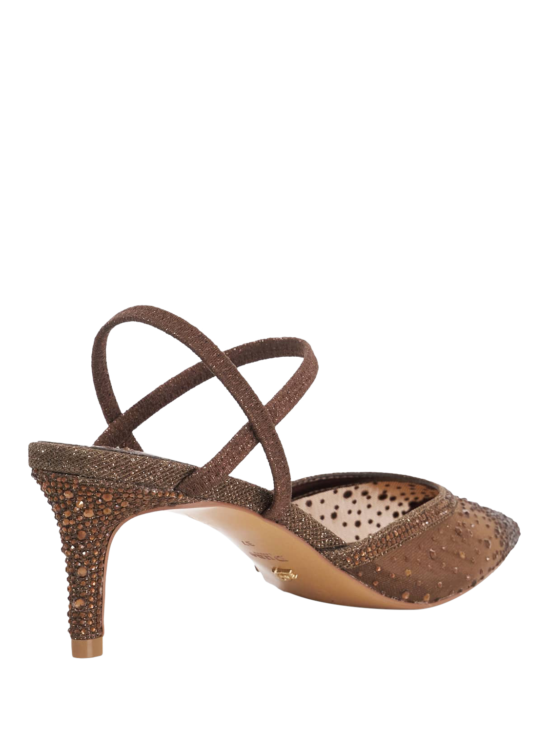 Product image 4 of 5, which shows Dune London Charismatic Crystal Embellished Mesh Pointed Heeled Courts, Brown, EU36