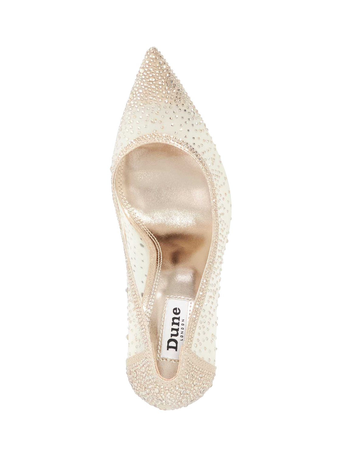 Product image 2 of 5, which shows Dune London Brightest Crystal Embellished Mesh Pointed Heeled Courts, Gold, EU36
