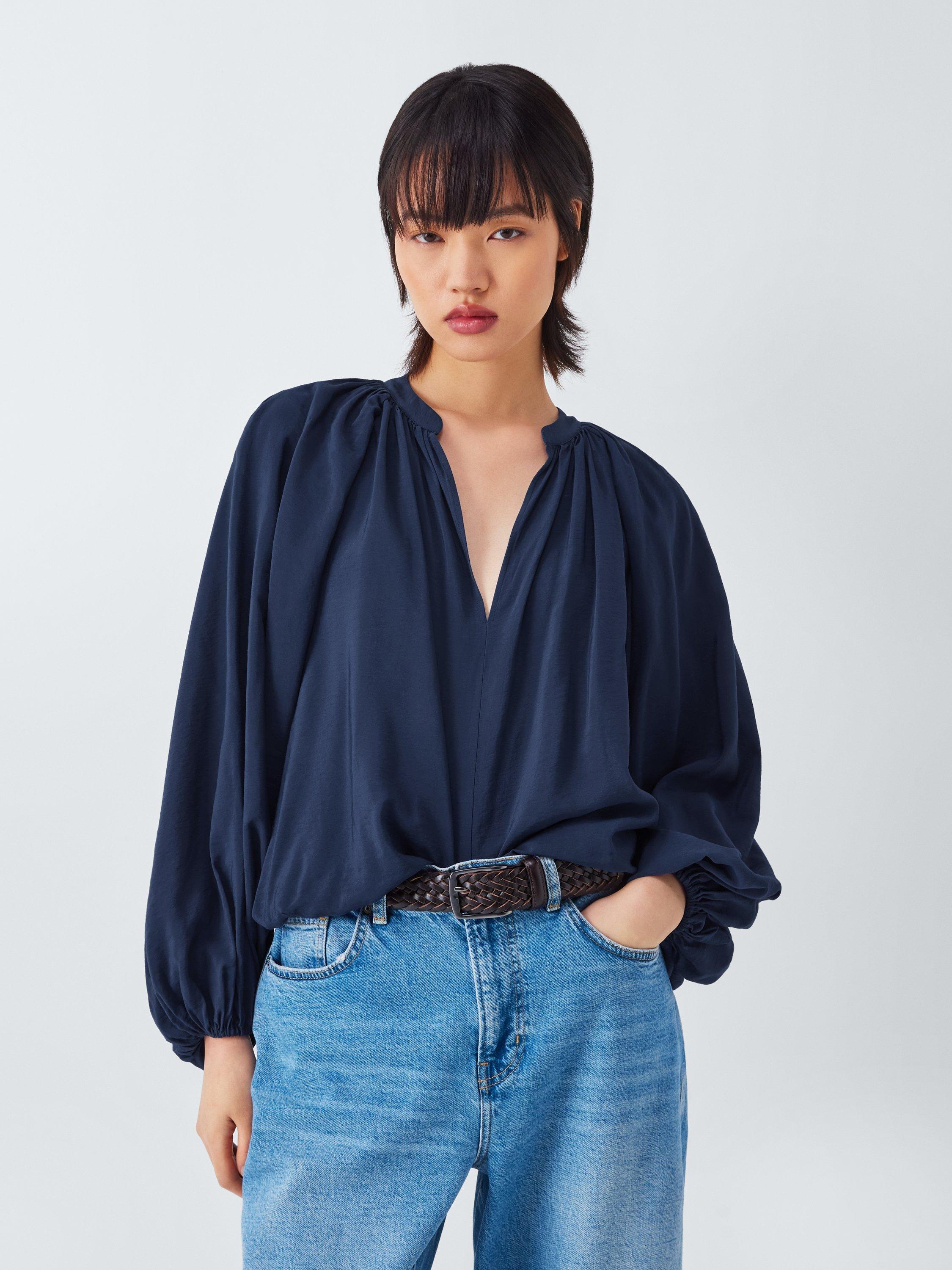 Product image 1 of 6, which shows AND/OR Lindy V-Neck Balloon Sleeve Drape Blouse, Inky Blue, 6