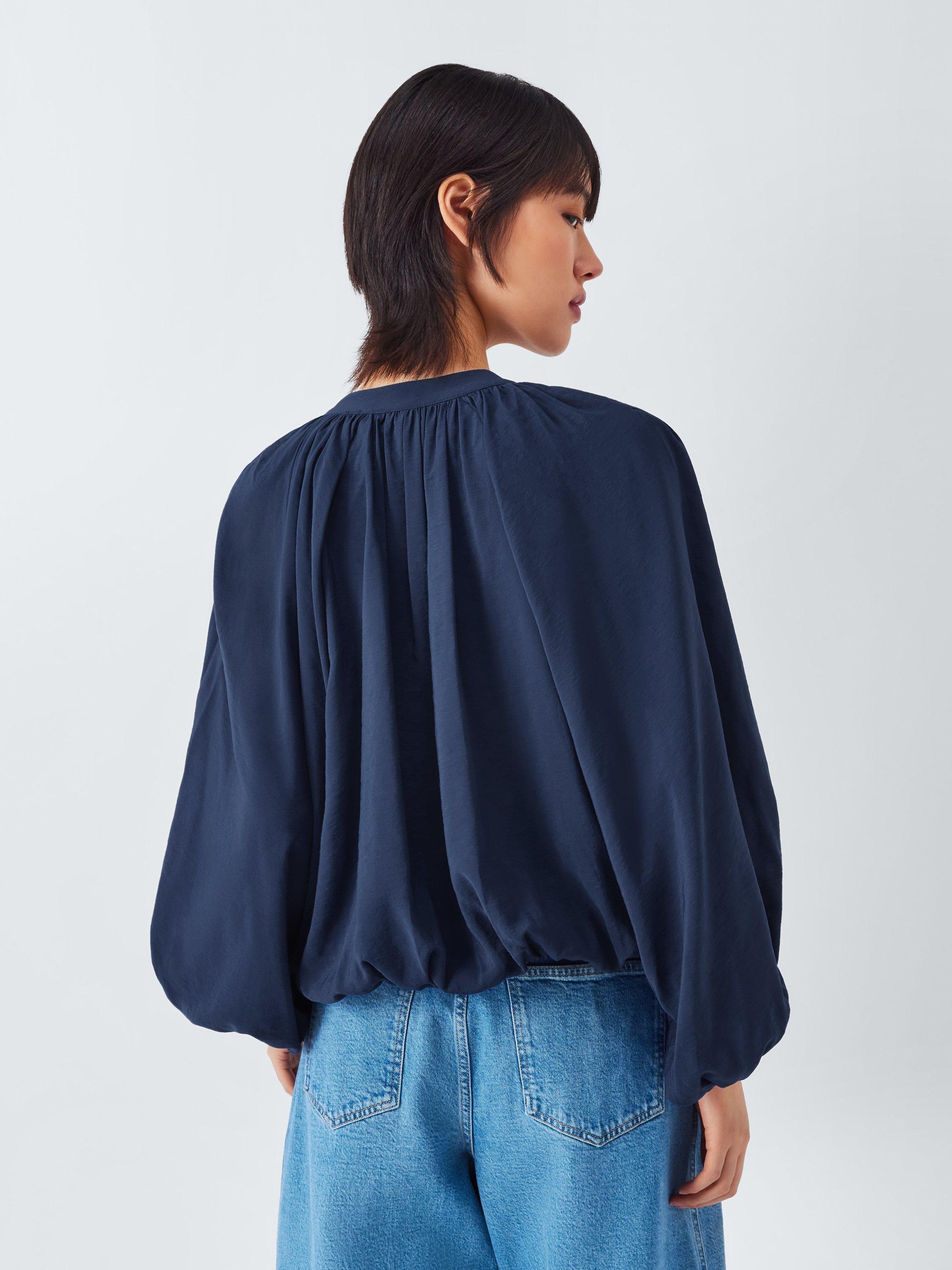Product image 2 of 6, which shows AND/OR Lindy V-Neck Balloon Sleeve Drape Blouse, Inky Blue, 6