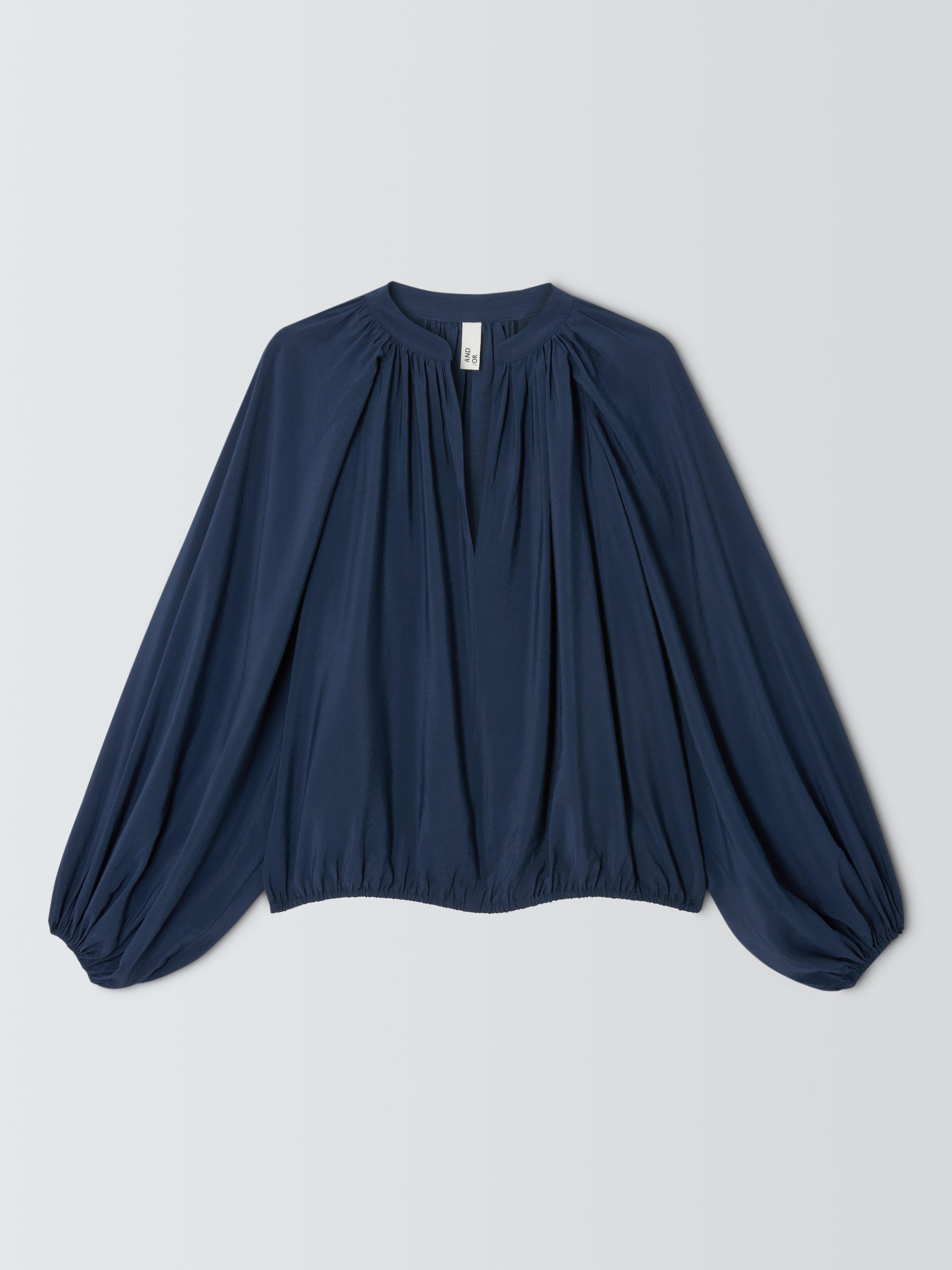 Product image 4 of 6, which shows AND/OR Lindy V-Neck Balloon Sleeve Drape Blouse, Inky Blue, 6