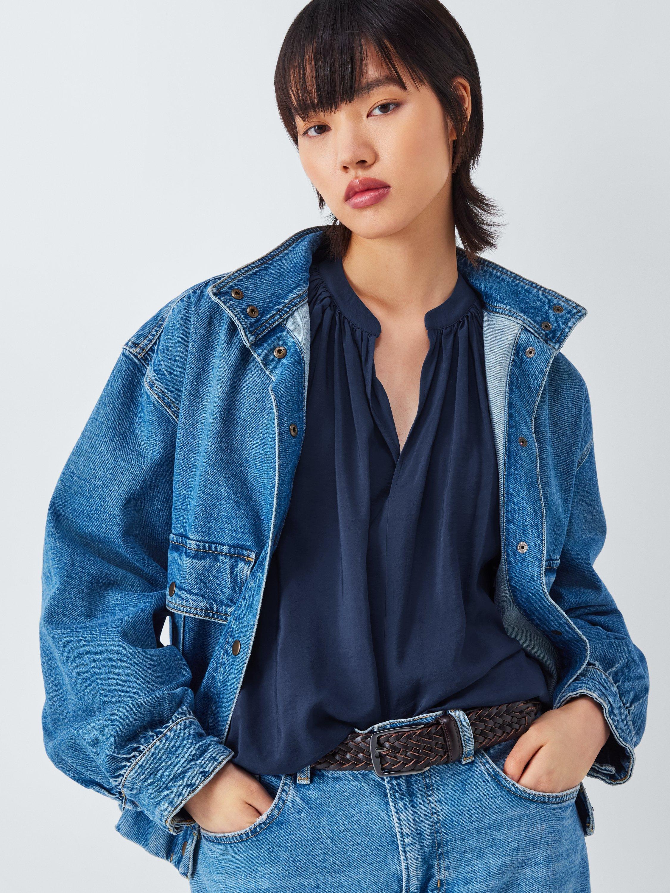 Product image 5 of 6, which shows AND/OR Lindy V-Neck Balloon Sleeve Drape Blouse, Inky Blue, 6