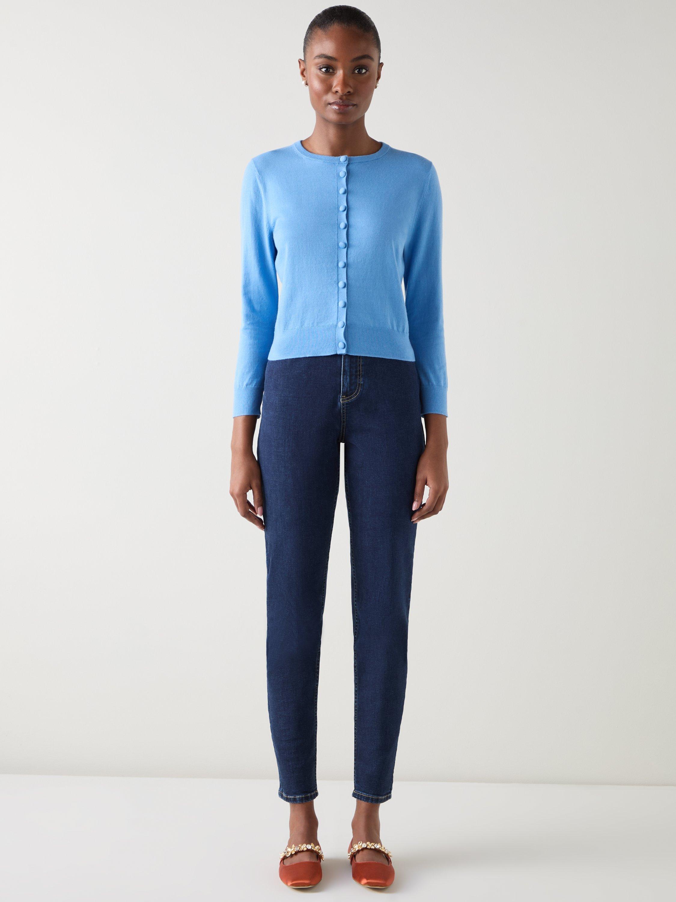 Product image 1 of 4, which shows L.K.Bennett Lottie Cotton Merino Wool Blend Round Neck Cardigan, Mid Blue, XS