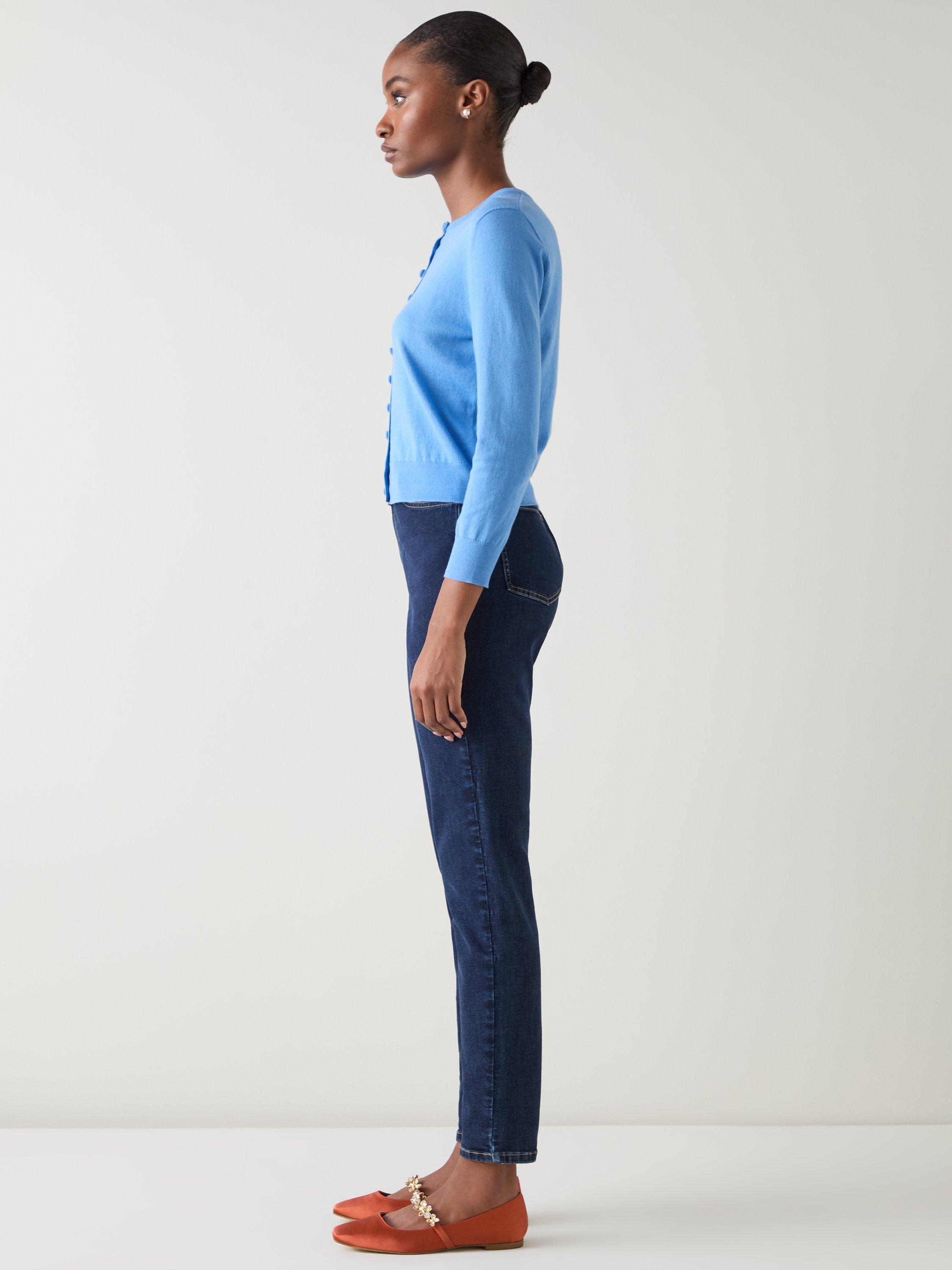 Product image 2 of 4, which shows L.K.Bennett Lottie Cotton Merino Wool Blend Round Neck Cardigan, Mid Blue, XS