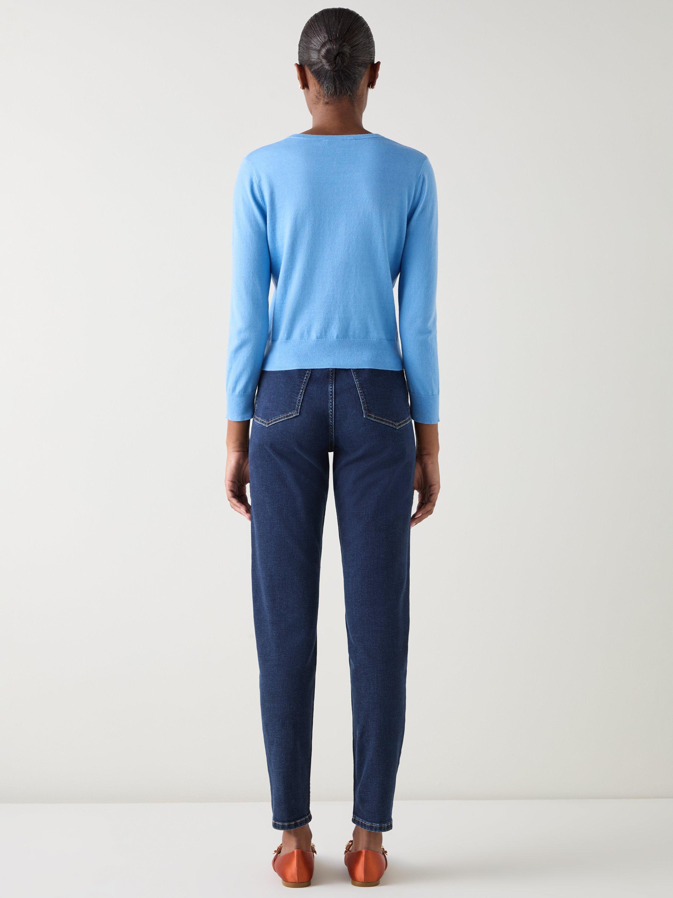 Product image 3 of 4, which shows L.K.Bennett Lottie Cotton Merino Wool Blend Round Neck Cardigan, Mid Blue, XS