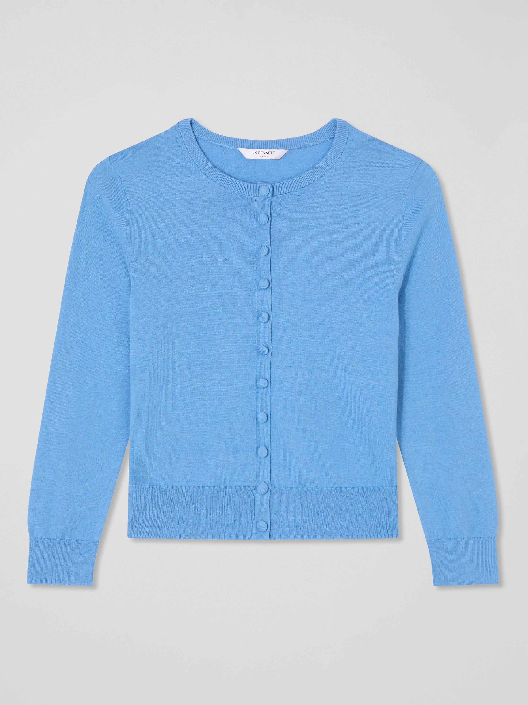 Product image 4 of 4, which shows L.K.Bennett Lottie Cotton Merino Wool Blend Round Neck Cardigan, Mid Blue, XS
