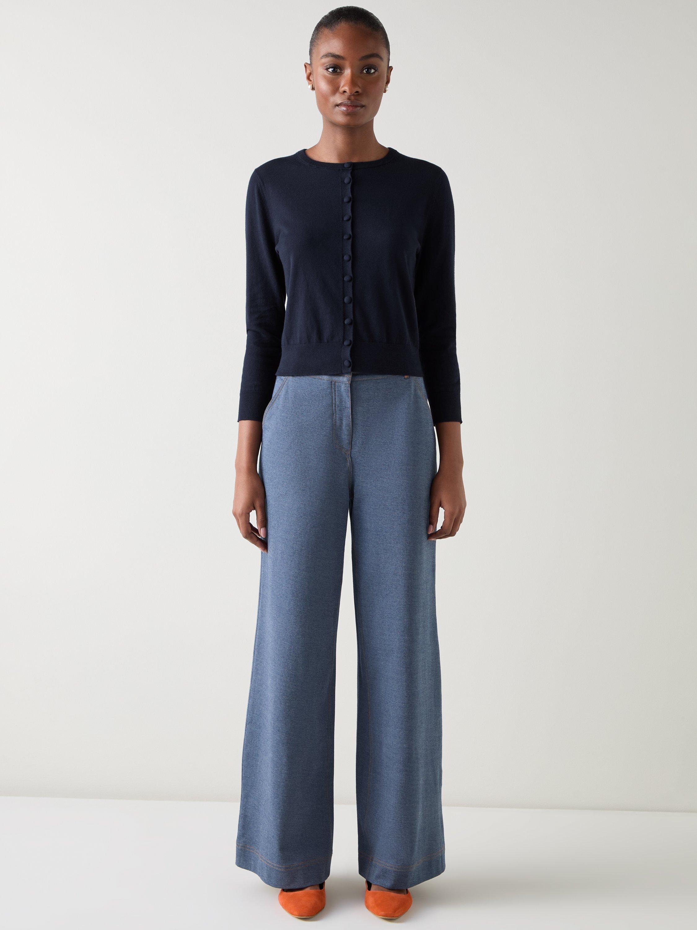 Product image 1 of 4, which shows L.K.Bennett Lottie Cotton Merino Wool Blend Round Neck Cardigan, Navy, XS