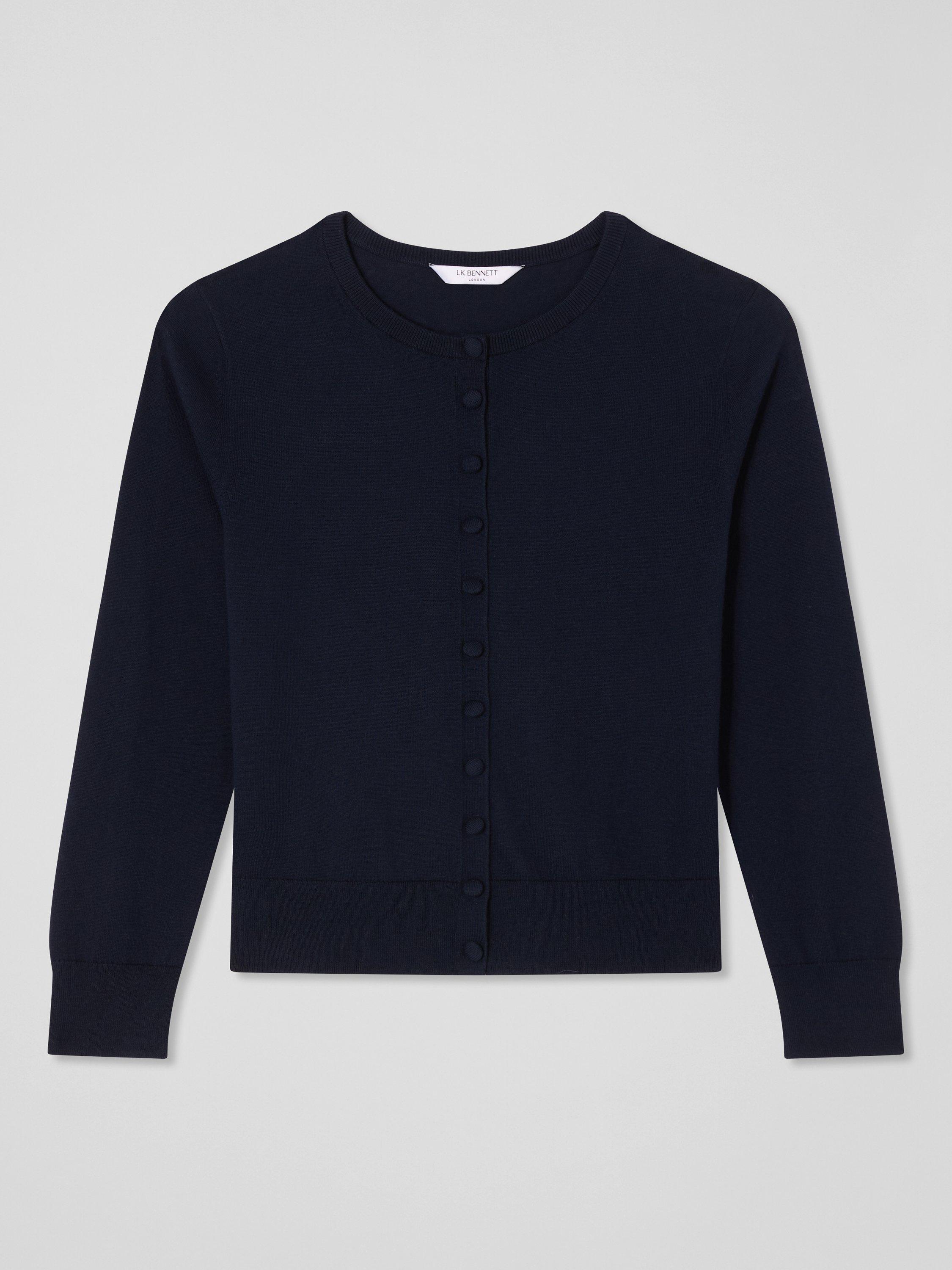 Product image 4 of 4, which shows L.K.Bennett Lottie Cotton Merino Wool Blend Round Neck Cardigan, Navy, XS
