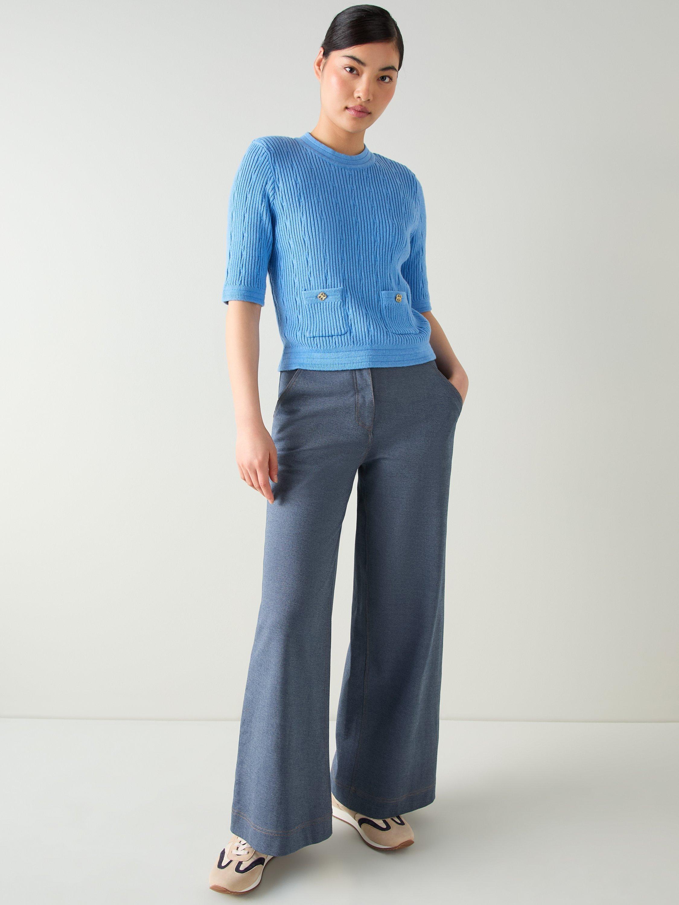 Product image 1 of 5, which shows L.K.Bennett Shona Textured Knit Top, Mid Blue, XS