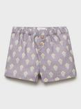 Mango Kids' Zarauz Cotton Floral Print Shorts, Light Pastel Purple