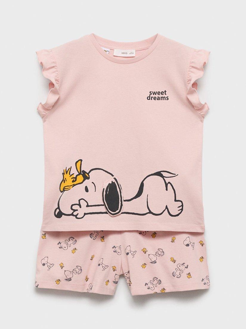 Product image 1 of 5, which shows Mango Kids' Cotton Snoopy Sweet Dreams Pyjama Set, Pink, 11-12 yrs