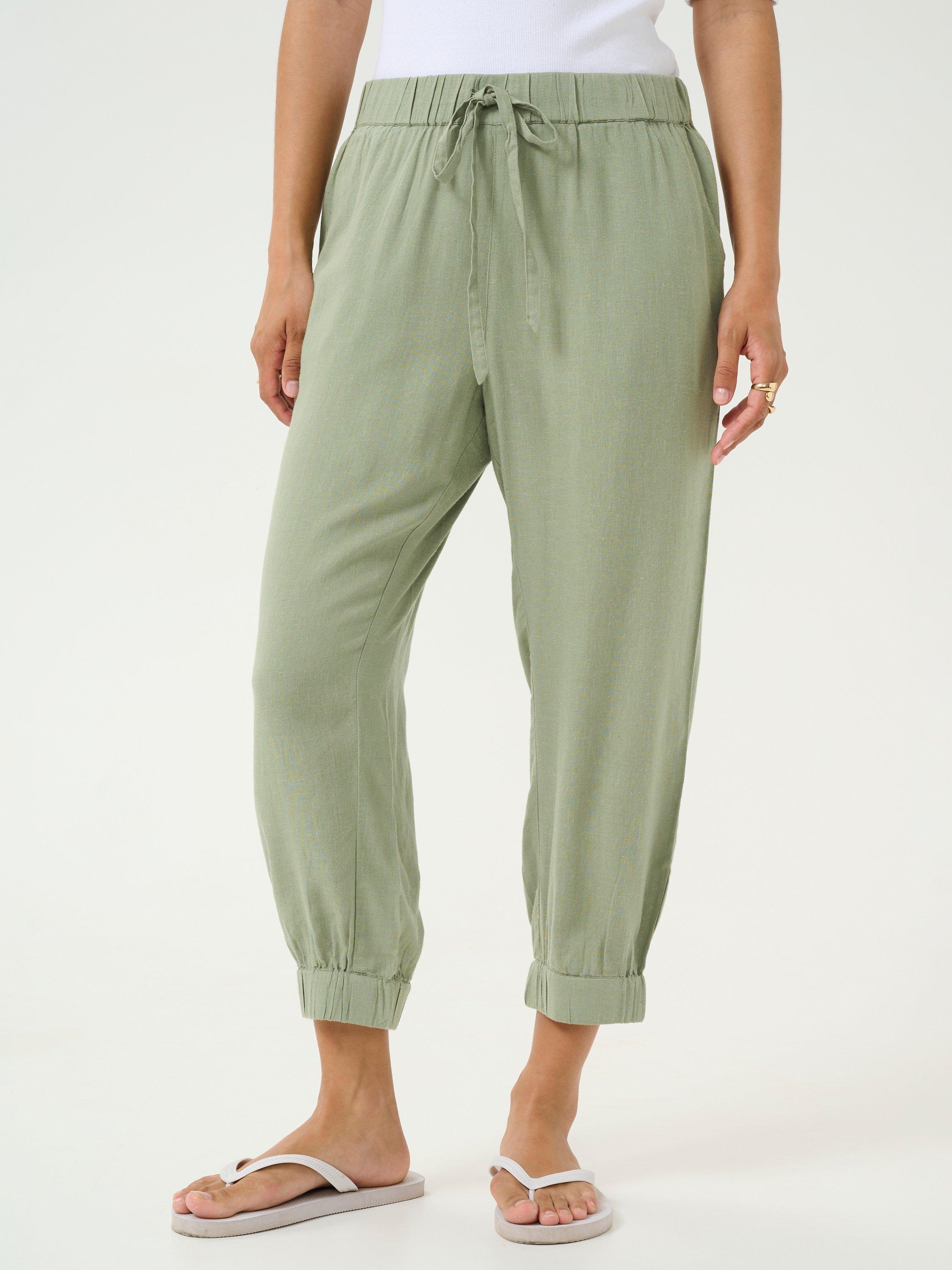 Product image 1 of 5, which shows KAFFE KAmilia Linen Blend Capri Trousers, Mid Green, 8