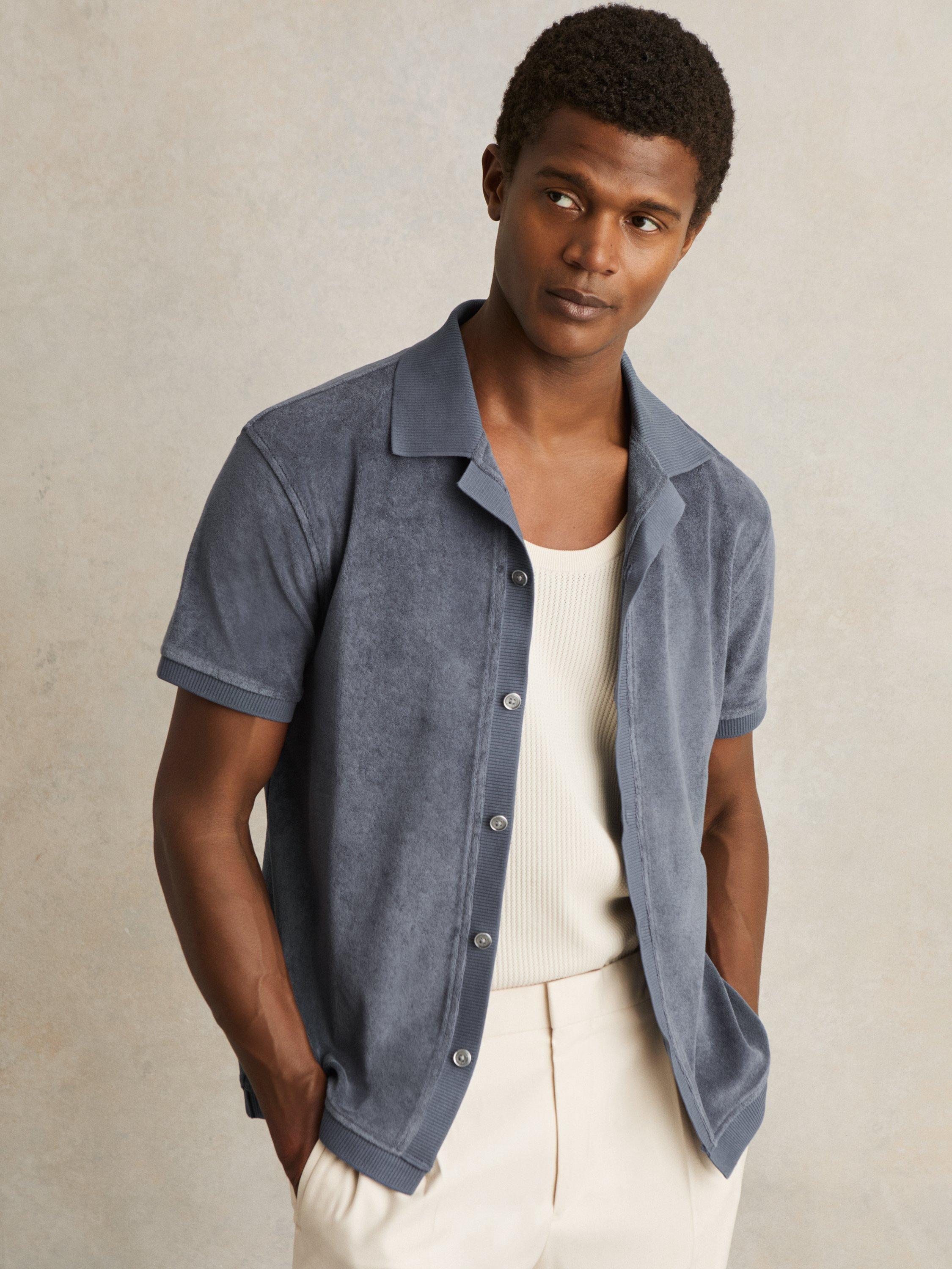 Product image 1 of 5, which shows Reiss Eden Cotton Blend Cuban Collar Shirt, Airforce Blue, XS
