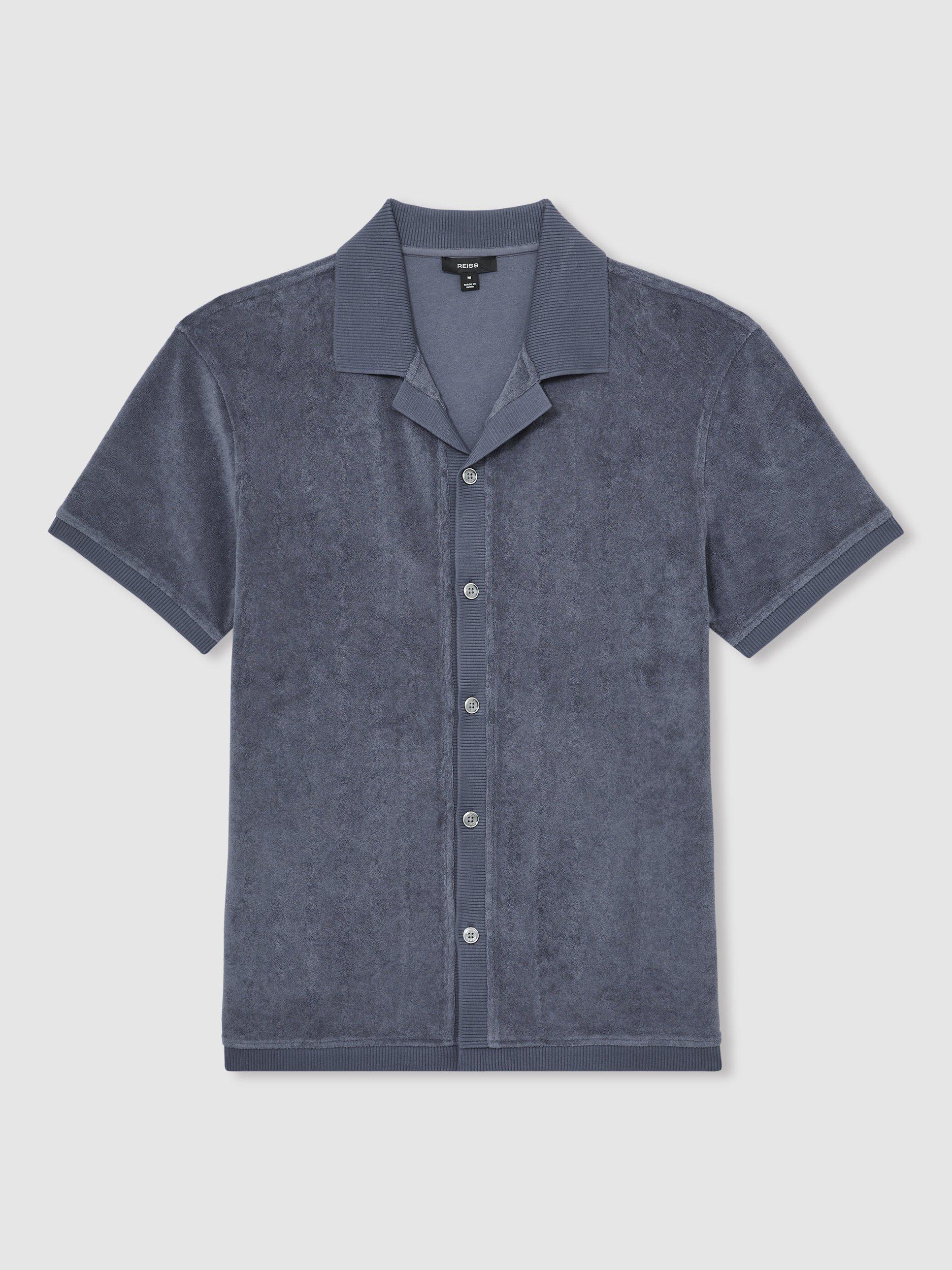 Product image 3 of 5, which shows Reiss Eden Cotton Blend Cuban Collar Shirt, Airforce Blue, XS