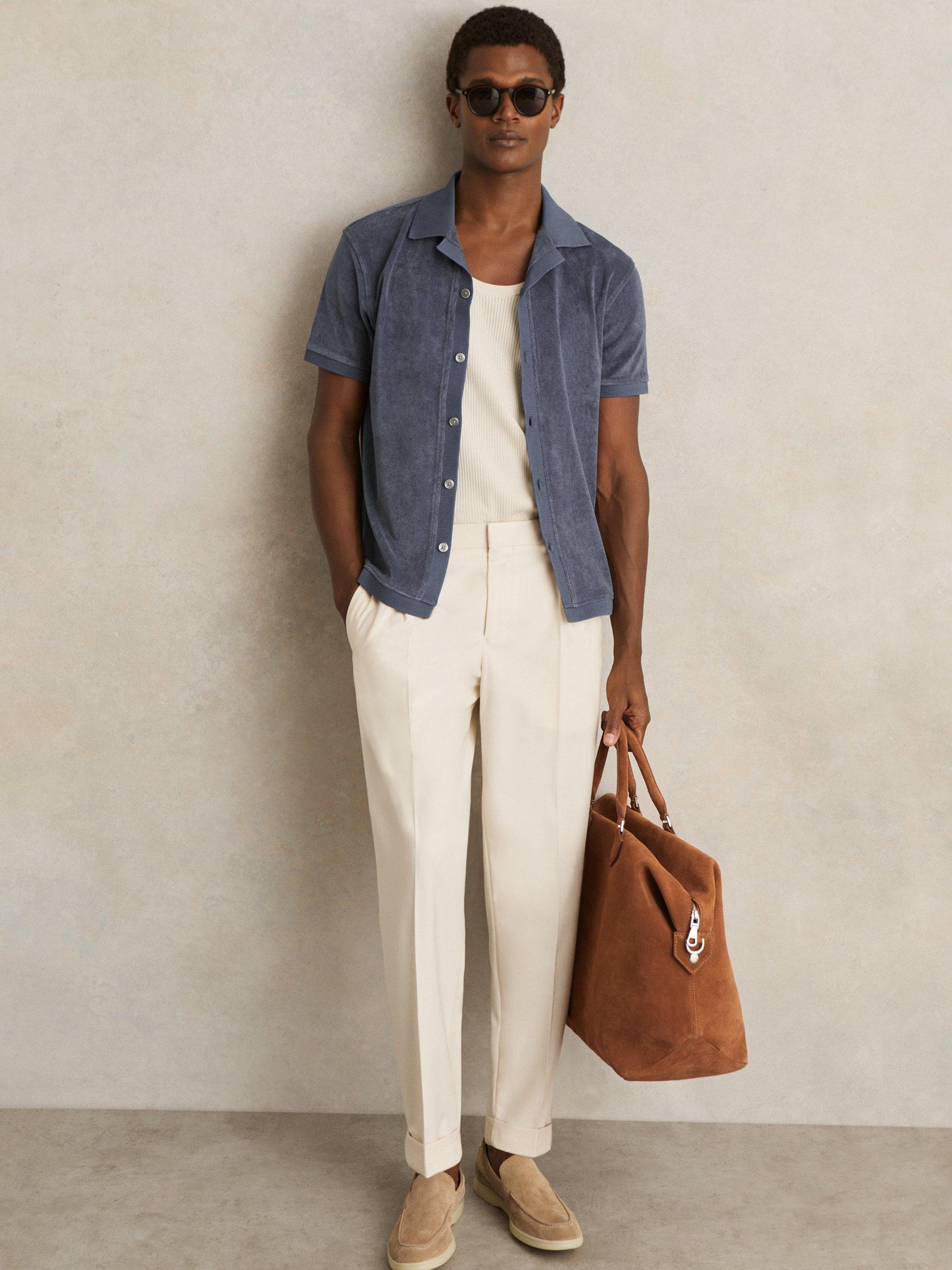 Product image 4 of 5, which shows Reiss Eden Cotton Blend Cuban Collar Shirt, Airforce Blue, XS