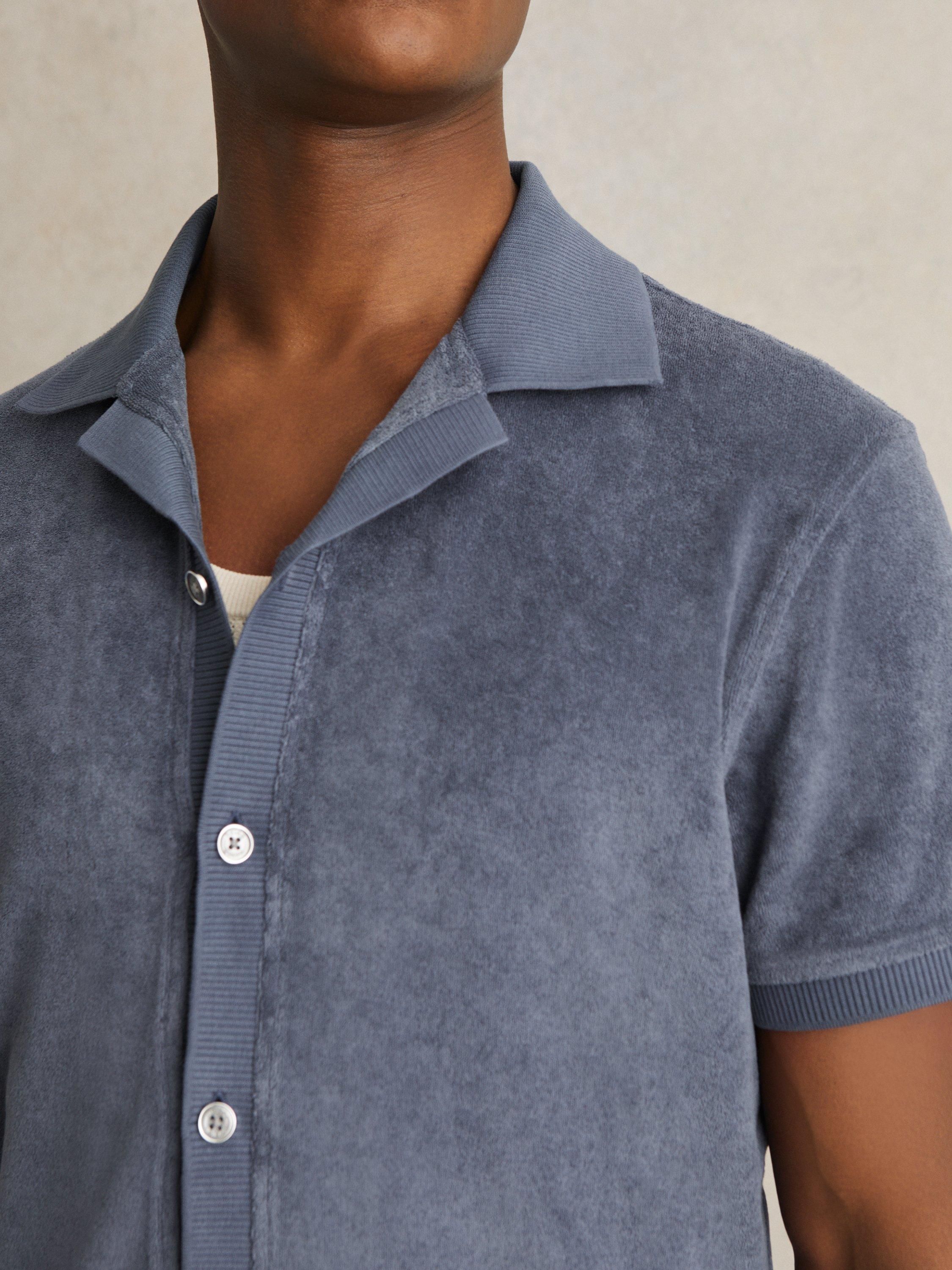 Product image 5 of 5, which shows Reiss Eden Cotton Blend Cuban Collar Shirt, Airforce Blue, XS