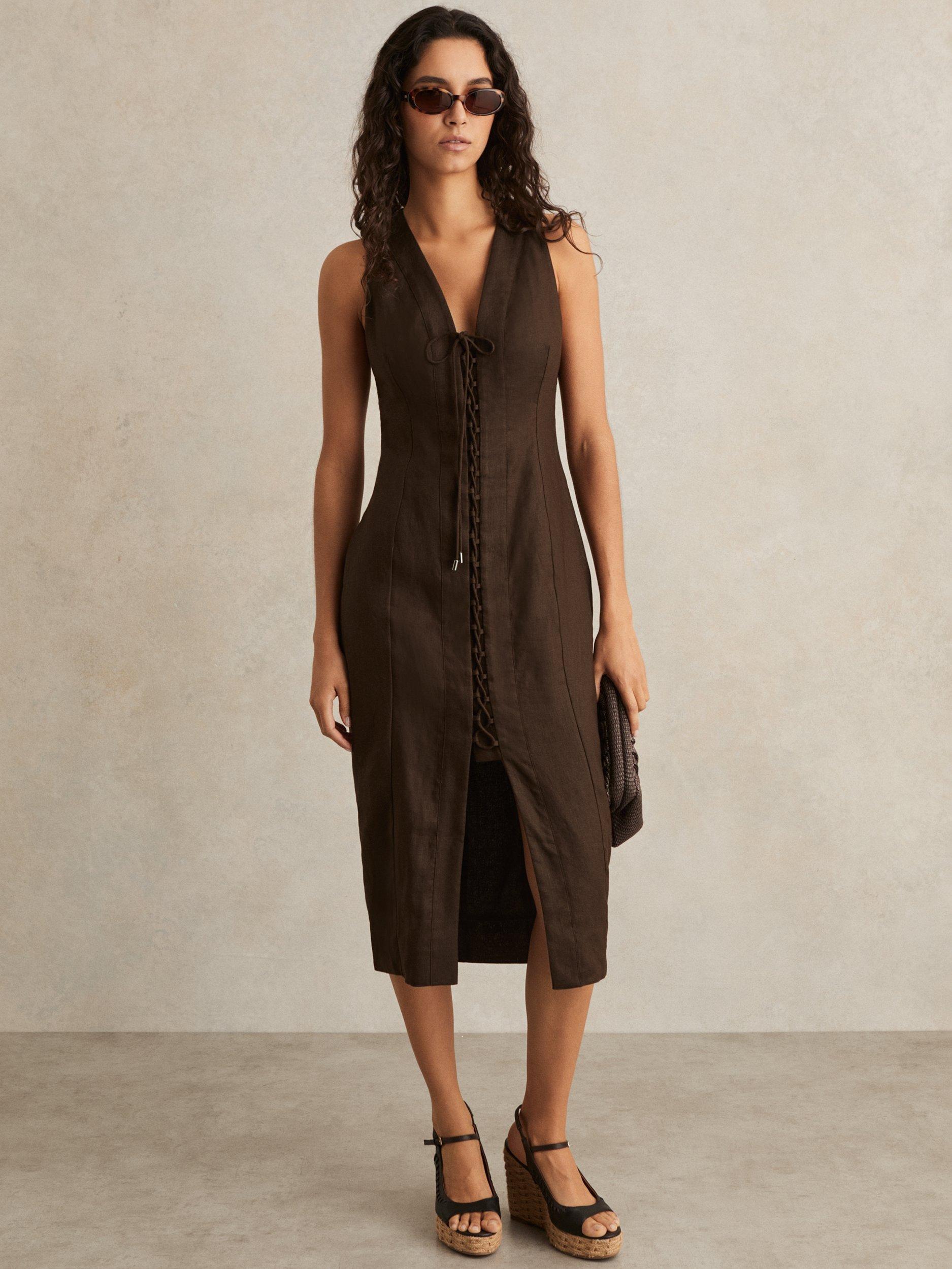 Product image 1 of 5, which shows Reiss Amelia Lattice Tie Front Dress, Chocolate Brown, 8