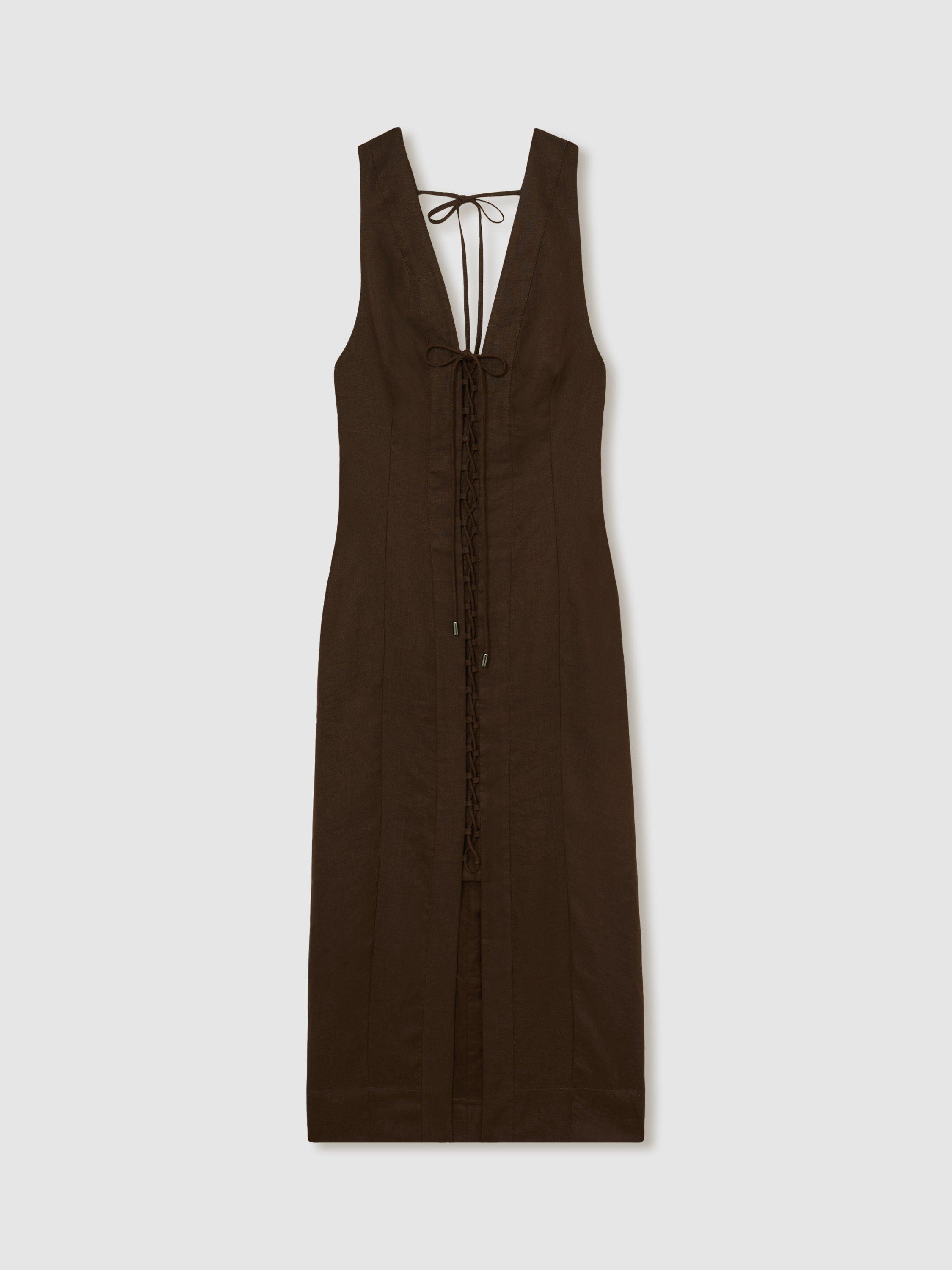 Product image 3 of 5, which shows Reiss Amelia Lattice Tie Front Dress, Chocolate Brown, 8