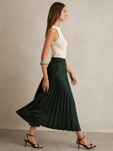 Reiss Seren Pleated Midi Skirt, Dark Green