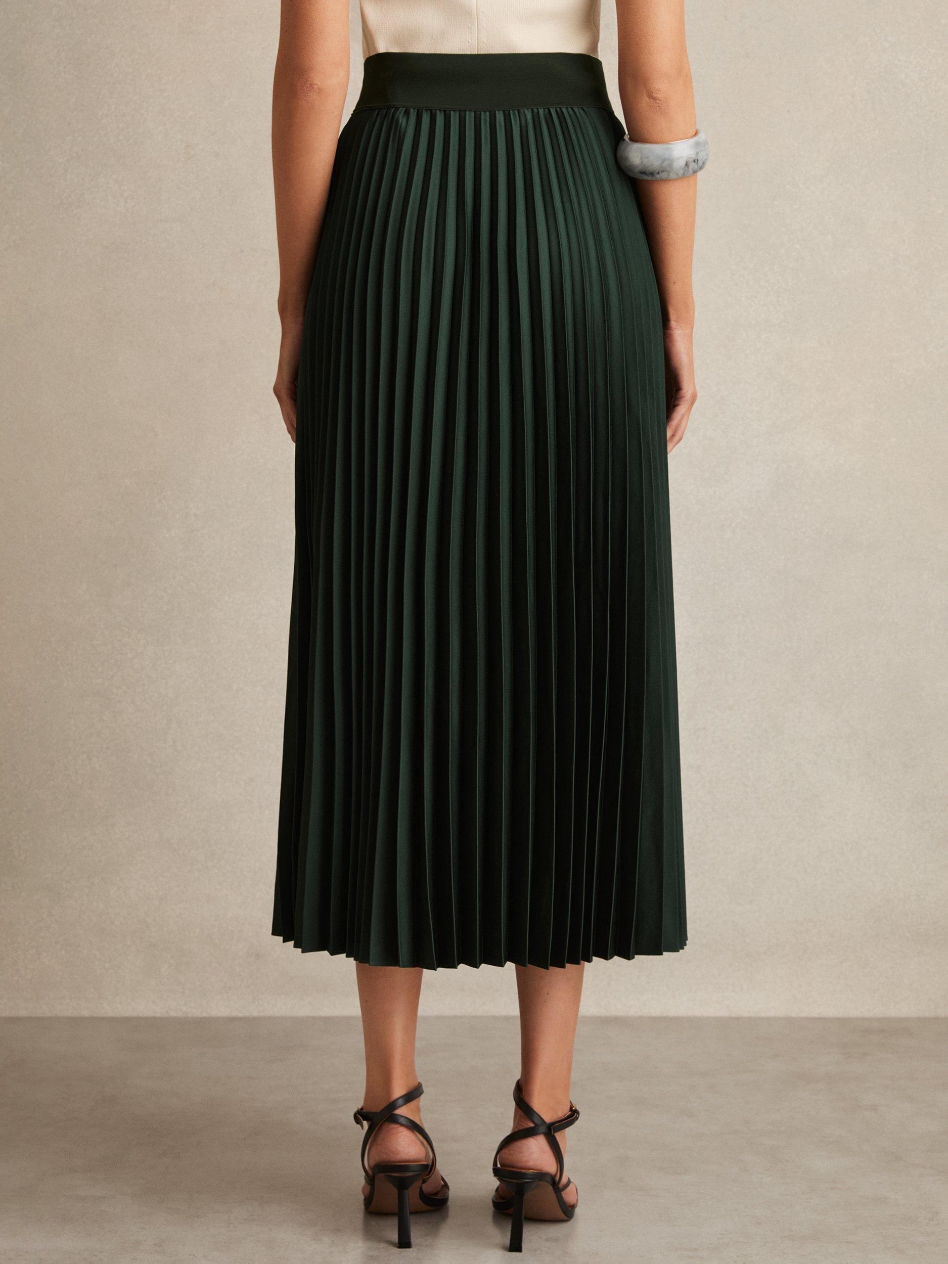 Product image 2 of 5, which shows Reiss Seren Pleated Midi Skirt, Dark Green, 6